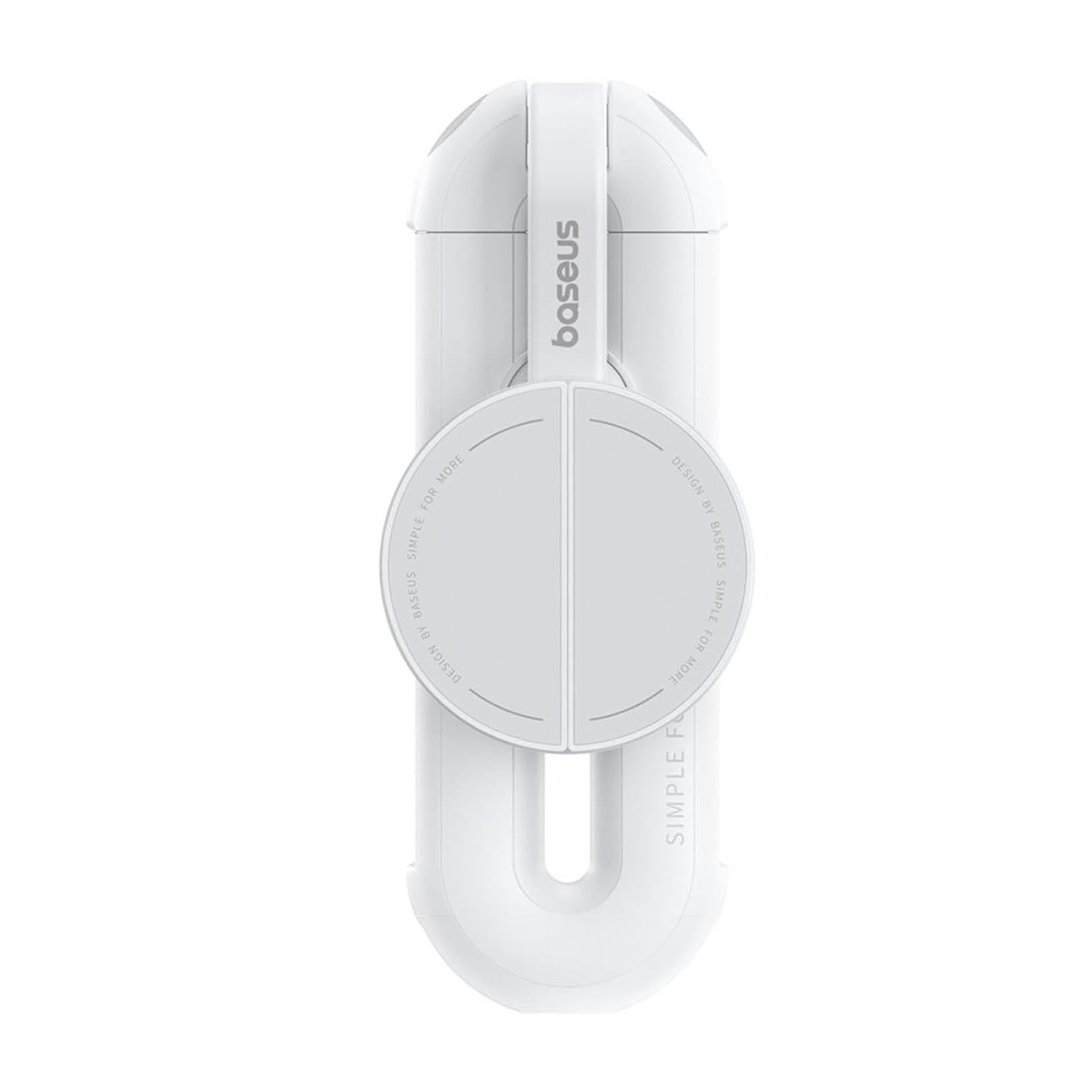 Un dispositivo Baseus bianco con elementi circolari e testo.