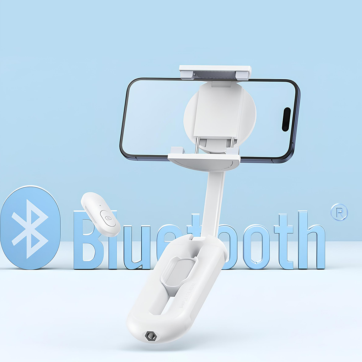 Supporto bianco per cellulare con telecomando e simbolo Bluetooth.