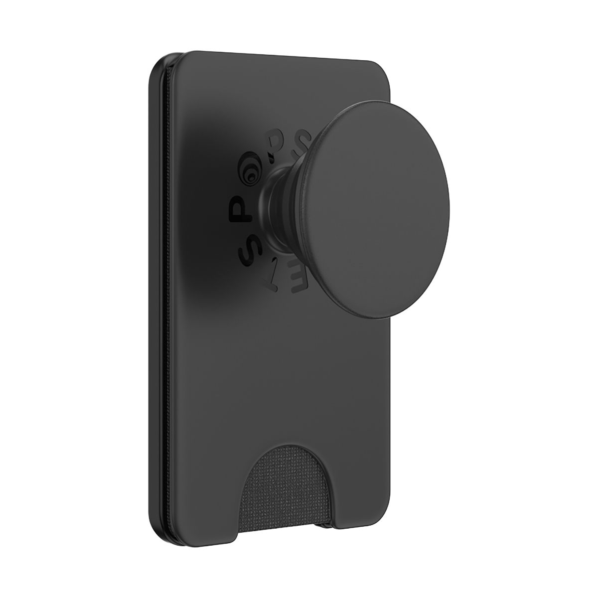 Impugnatura PopSocket nera con porta carte su sfondo bianco.