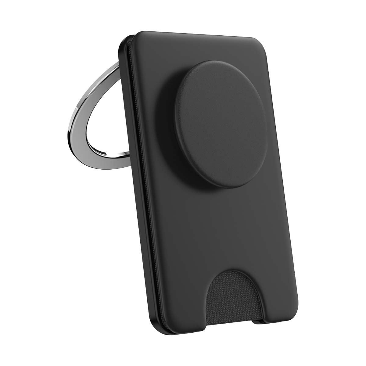Supporto nero per telefono con anello argentato e impugnatura rotonda su sfondo bianco.