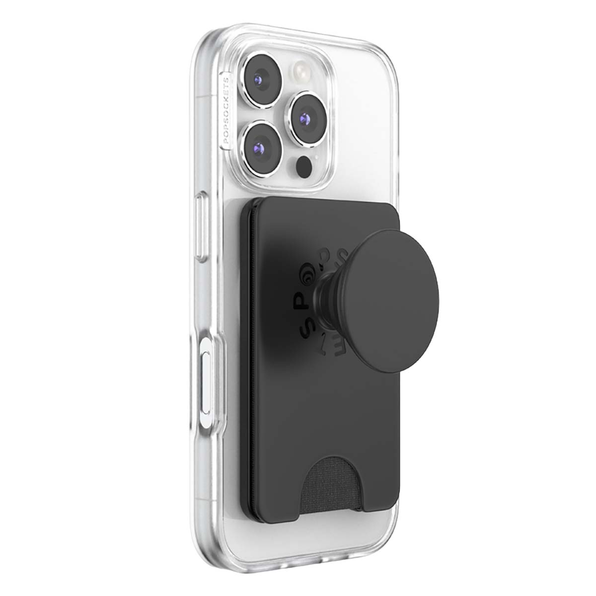 Un PopSocket nero con porta carte sul retro di una custodia trasparente per telefono.