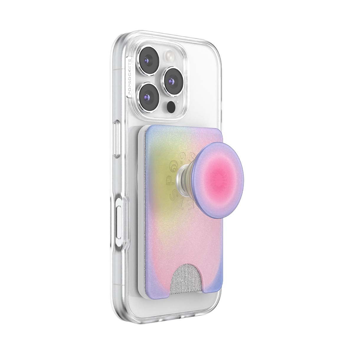 Una funda de teléfono transparente con un tarjetero PopSocket en tonos pastel.