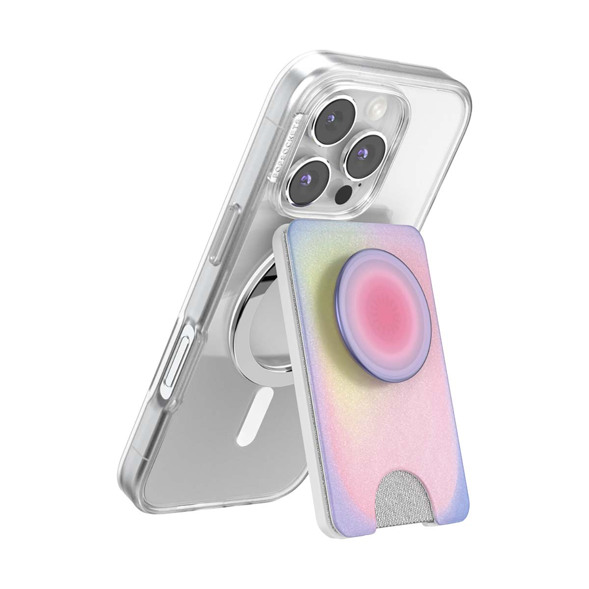 iPhone con funda transparente y agarre de teléfono colorido con ranura para tarjetas.