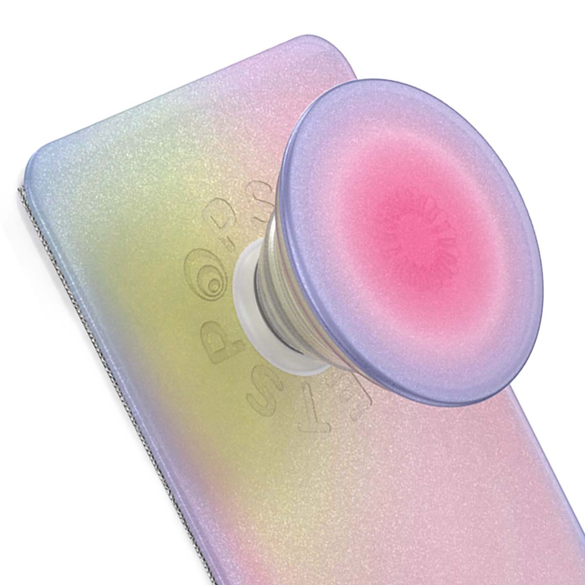 Un agarre PopSockets degradado rosa y morado en una funda de teléfono brillante.