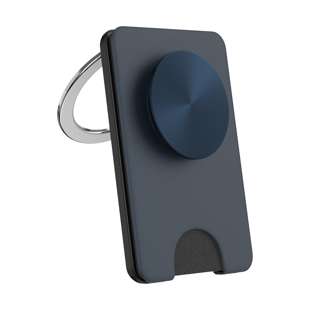 Custodia per telefono grigio scuro con anello blu e porta carte.