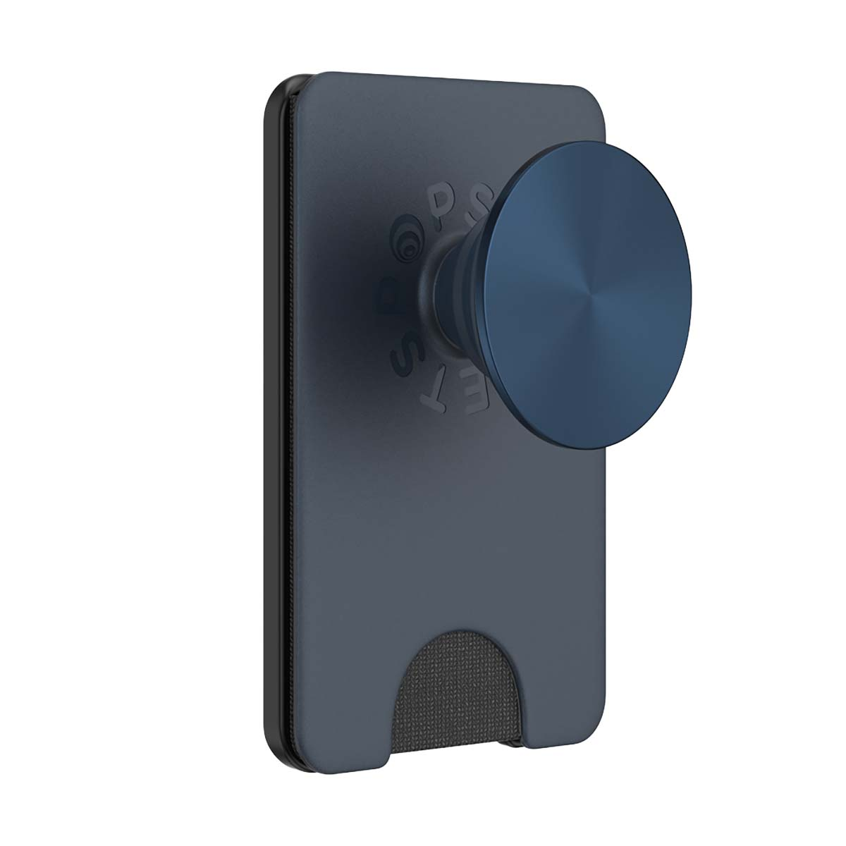 Accessorio blu scuro per telefono con PopSocket e porta carte.