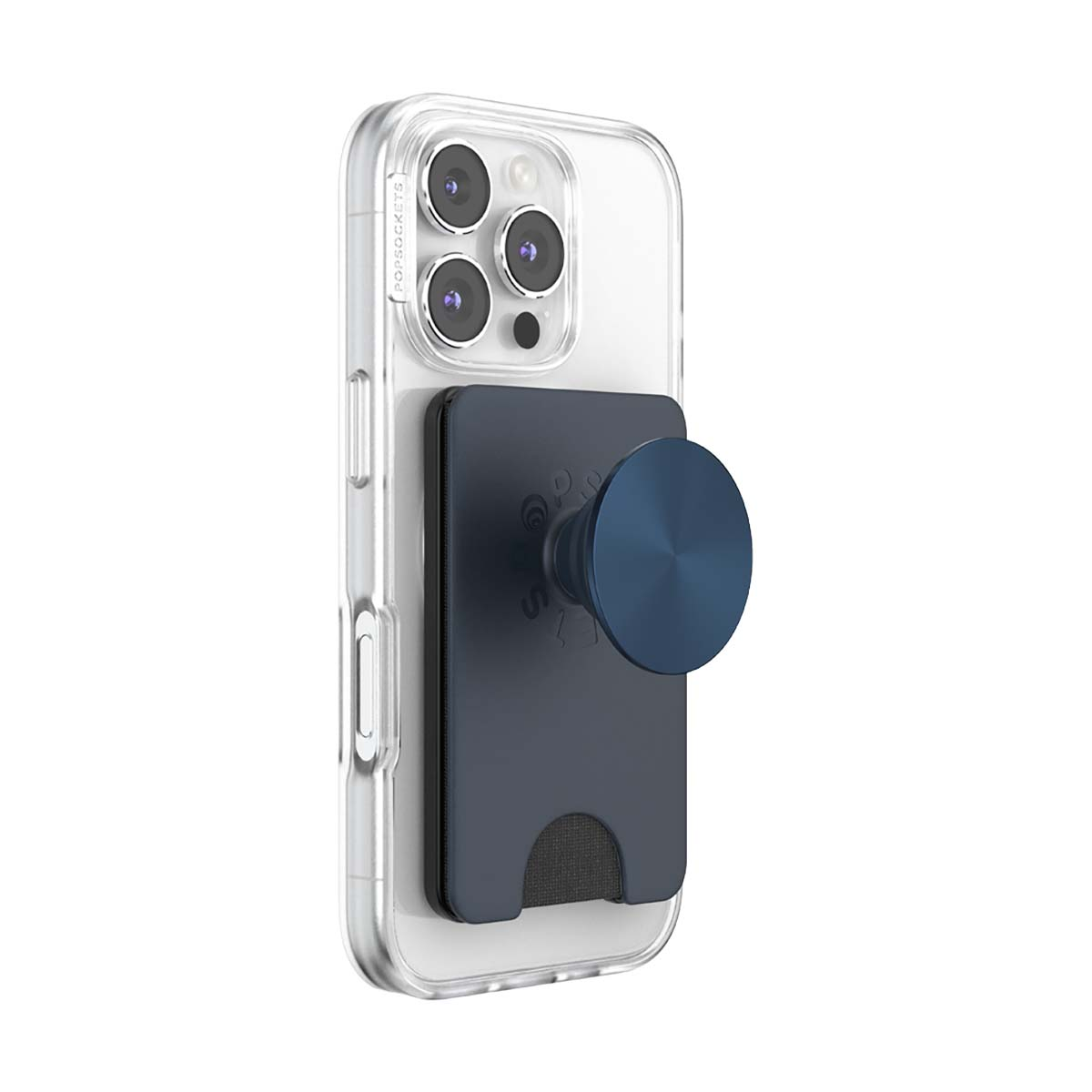 Custodia trasparente per telefono con portafoglio blu scuro e supporto PopSocket.