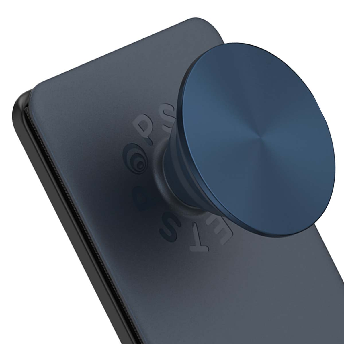 PopSocket blu scuro su una cover del telefono blu scuro. Il PopSocket è circolare e metallico.