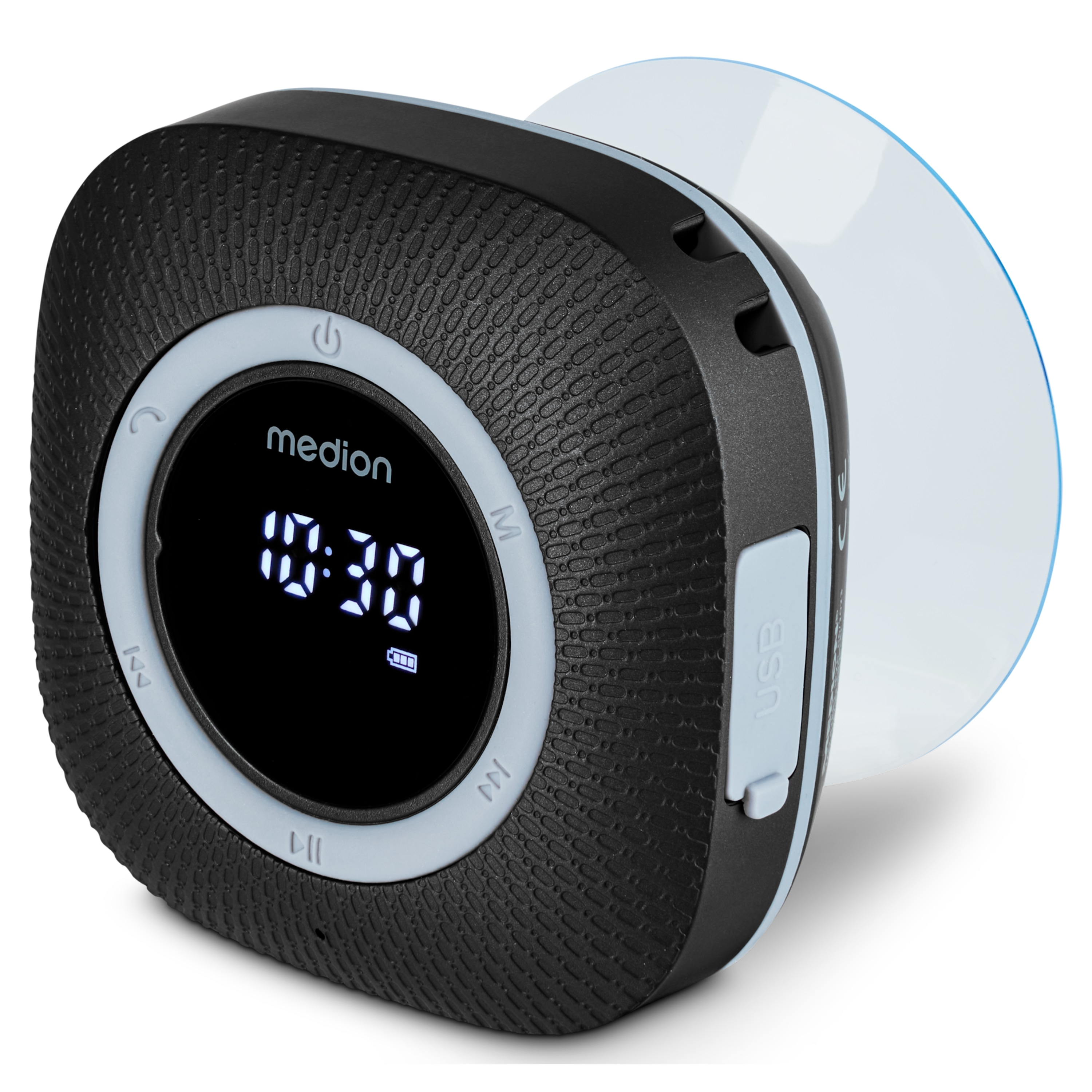 Schwarzer Medion Lautsprecher mit Saugfuß und Display, das 10:30 anzeigt.