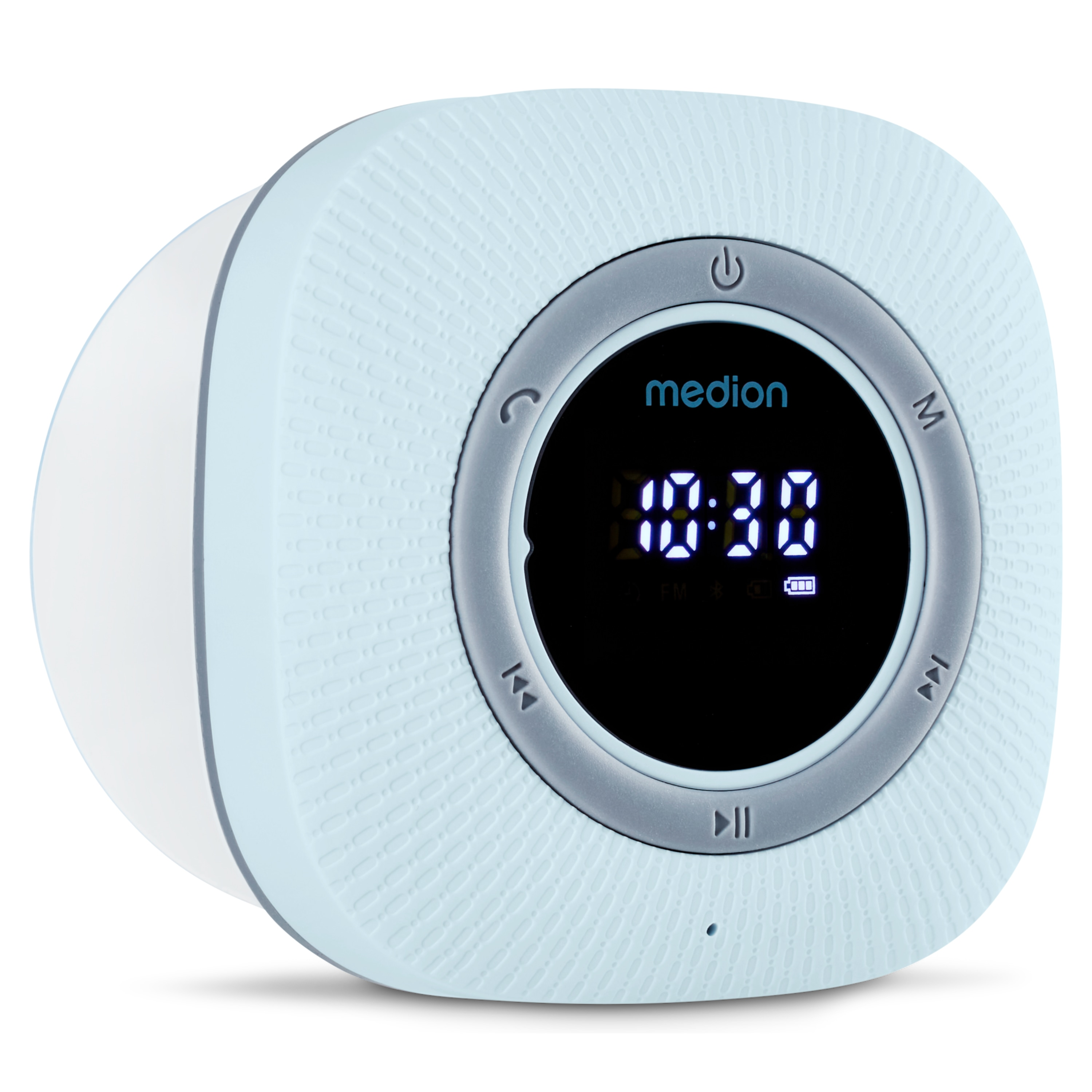 A light blue Medion CD radio with a digital display and control buttons.
