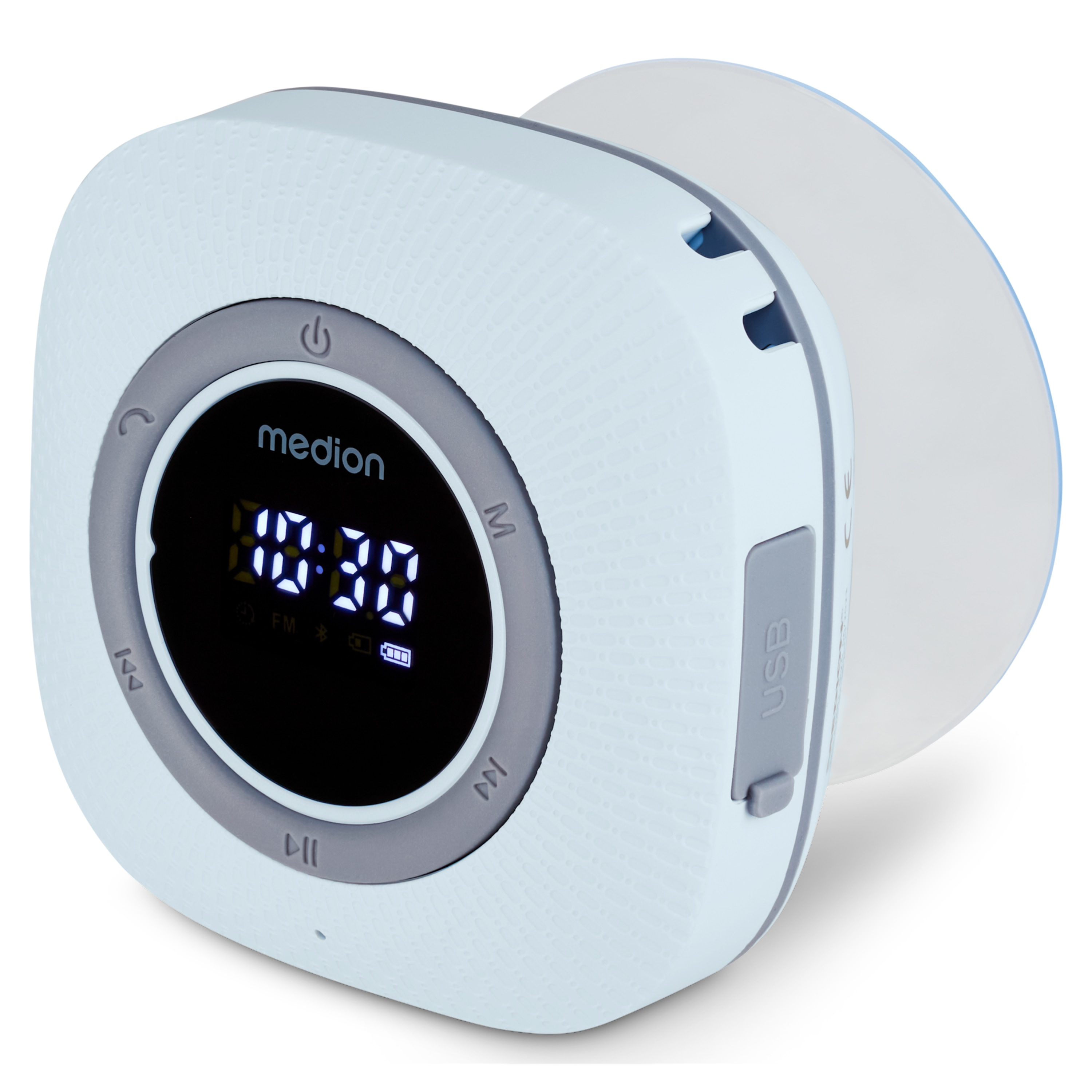 A light blue Medion CD player with a digital display and USB port.