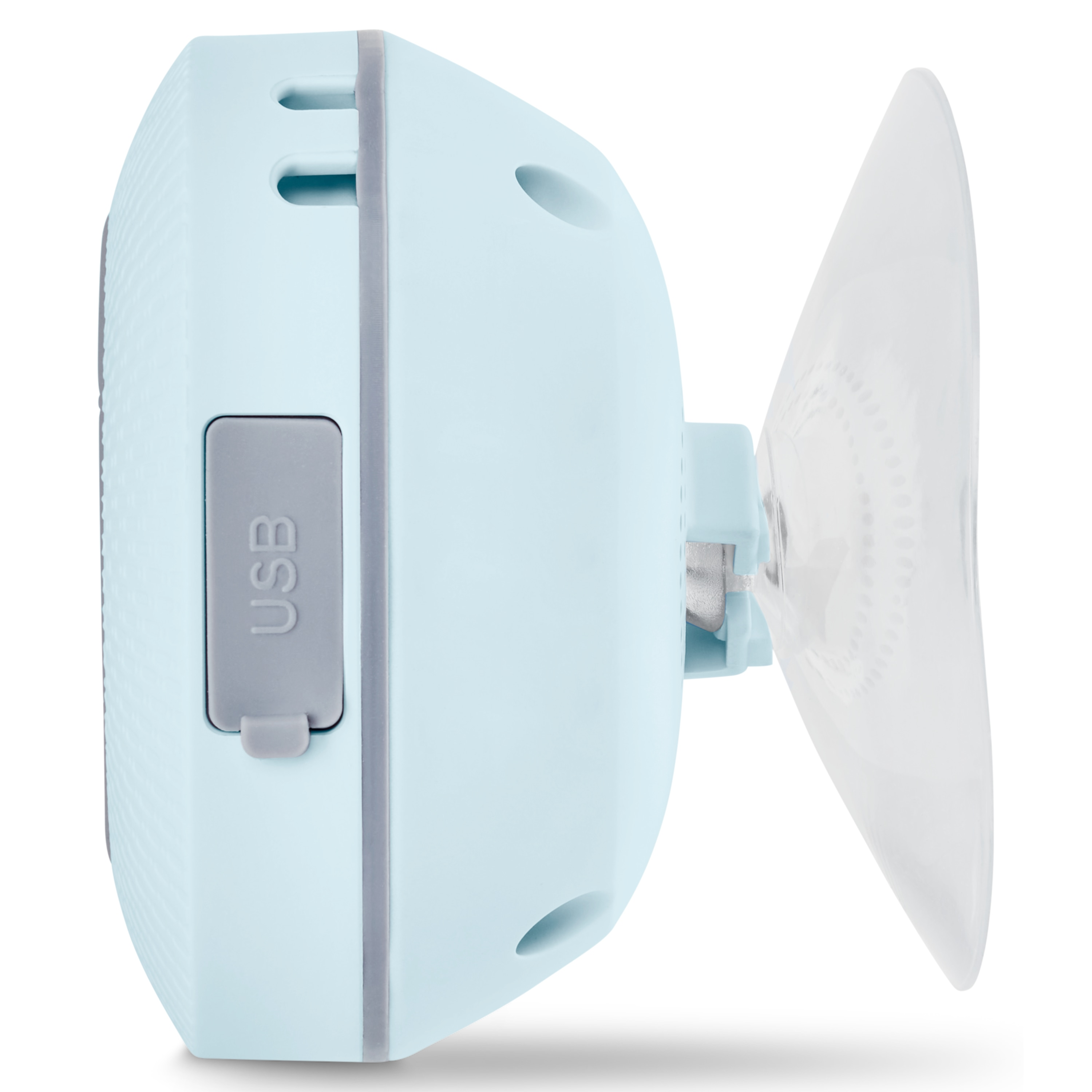 Light blue device with a suction cup and USB port.