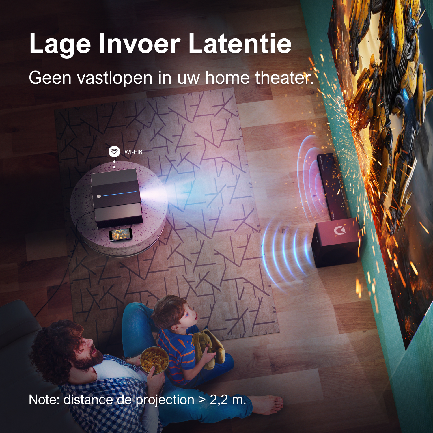A man and child watch a movie on a projector. Wi-Fi 6 is displayed.