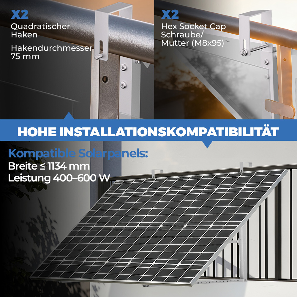 Montagehalterung für Solarmodule mit quadratischem Haken und Schrauben.