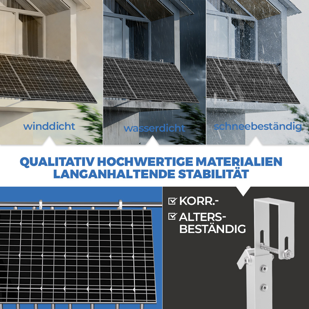 Solarpaneele bei Wind-, Regen- und Schneebedingungen. Text betont Haltbarkeit.