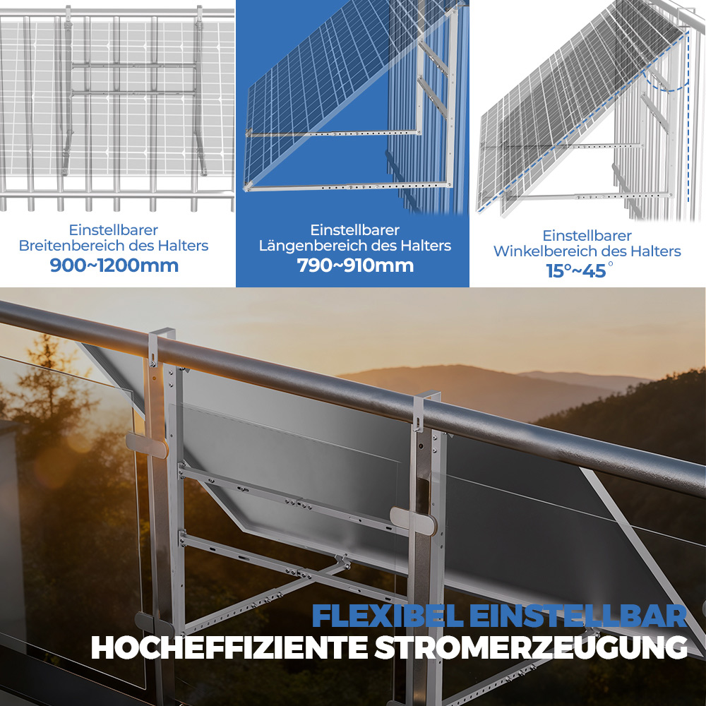 Solarpanel-Halterung mit einstellbarem Bereich für Breite, Länge und Winkel.