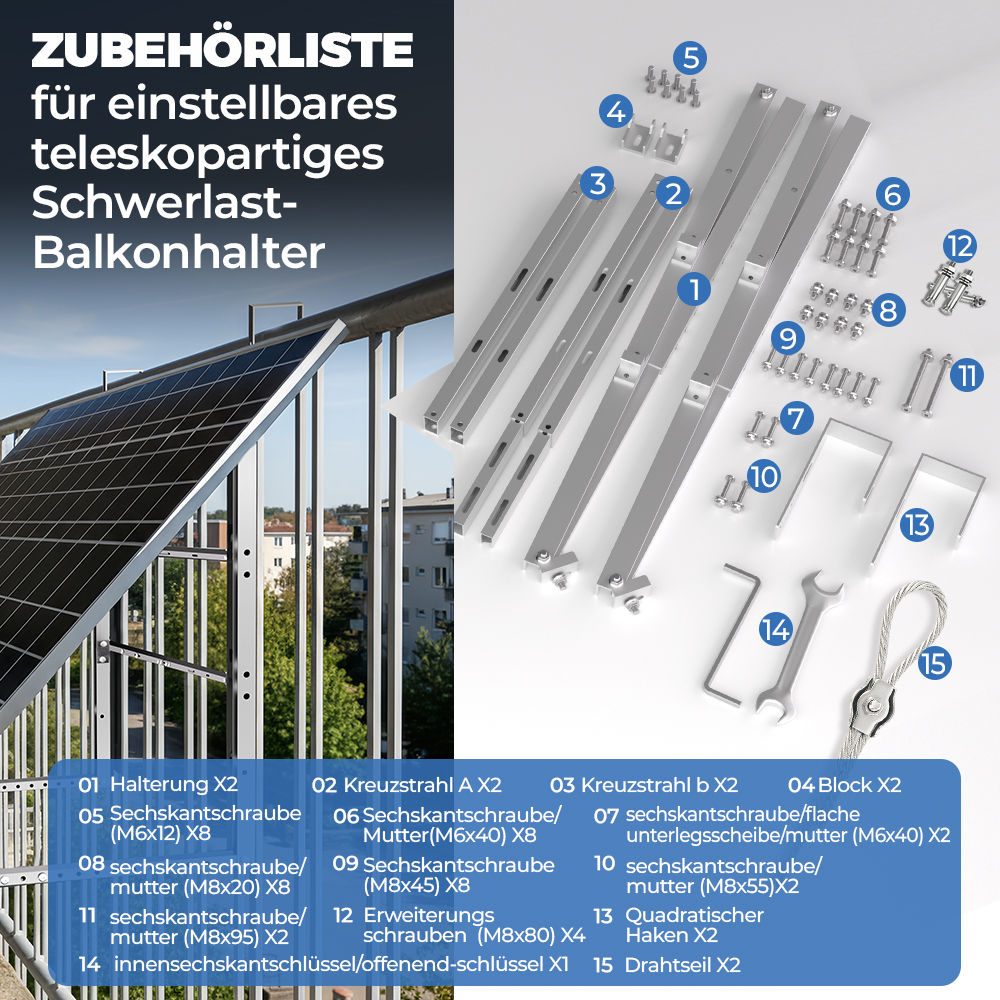 Zubehörliste für Schwerlast-Balkonhalter, mit nummerierten Teilen und Montageanleitung.