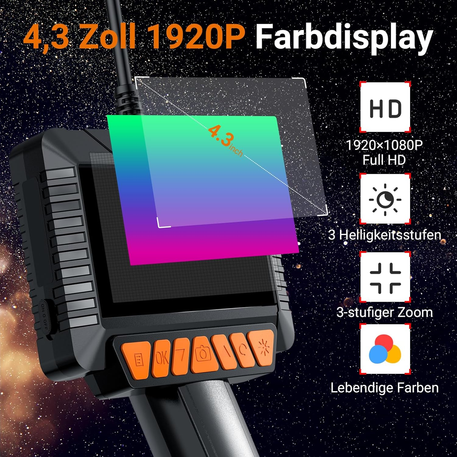 4,3 Zoll Farbdisplay mit HD, 1920x1080 Auflösung, 3 Helligkeitsstufen, Zoom und lebendigen Farben.