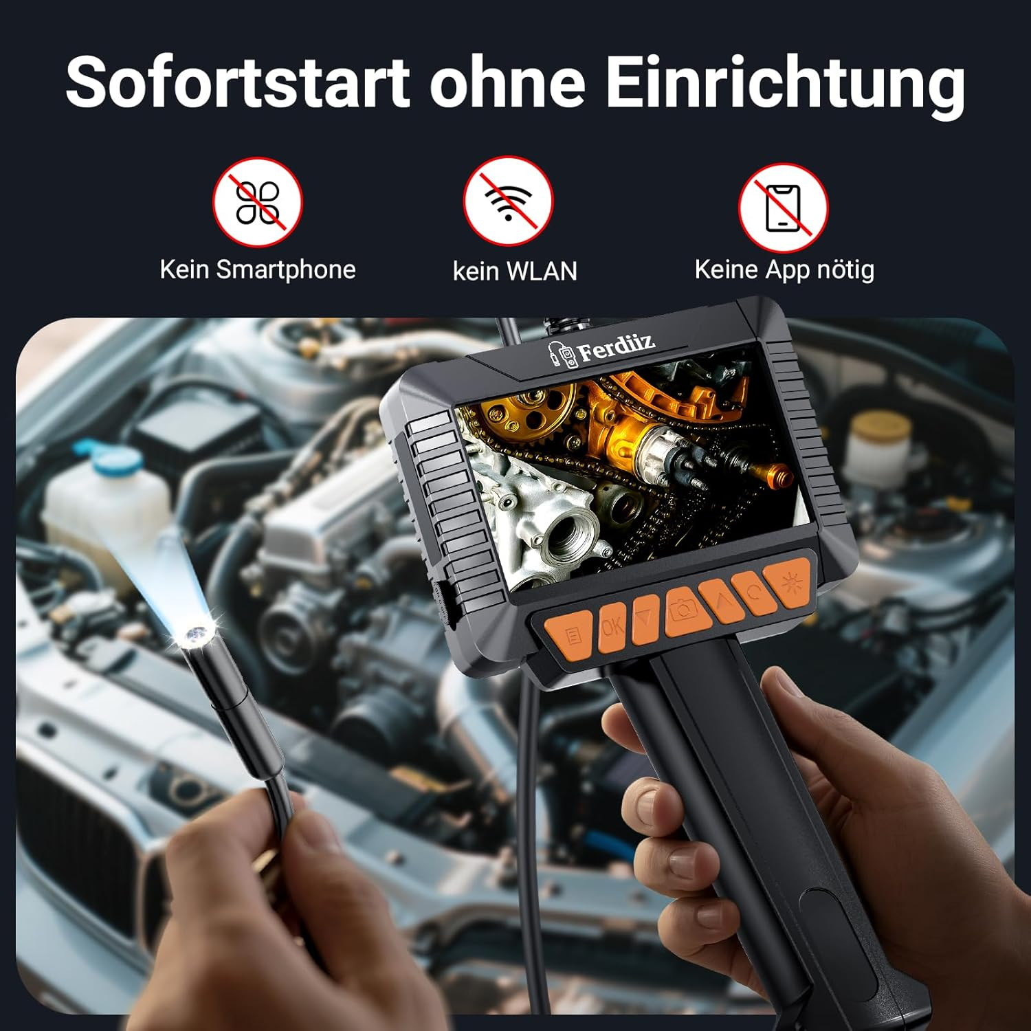 Inspektionskamera mit Lichtern und Bildschirm vor einem Automotor.