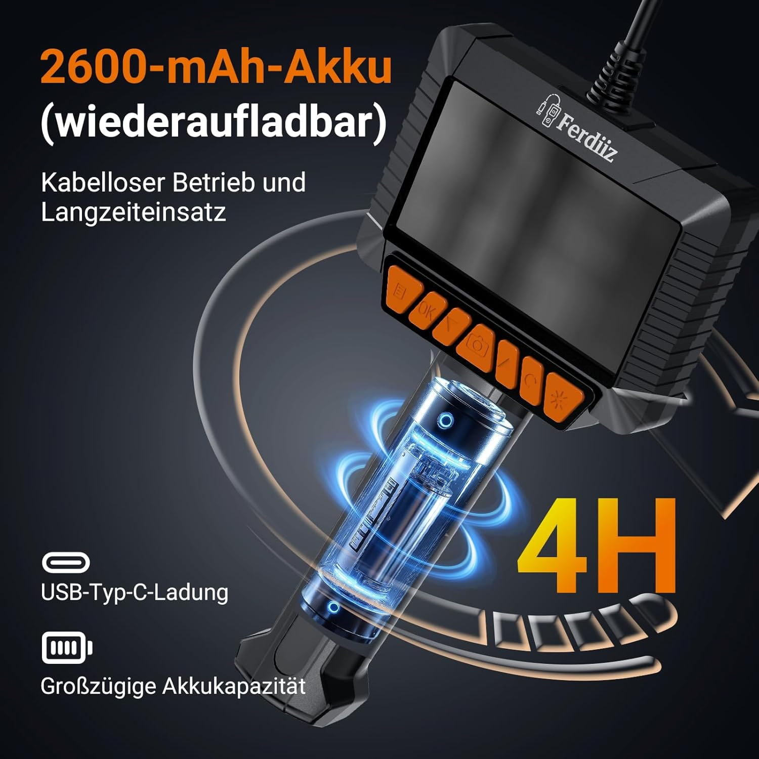 Ein 2600-mAh-Akku mit USB-C-Ladung und 4h Laufzeit.