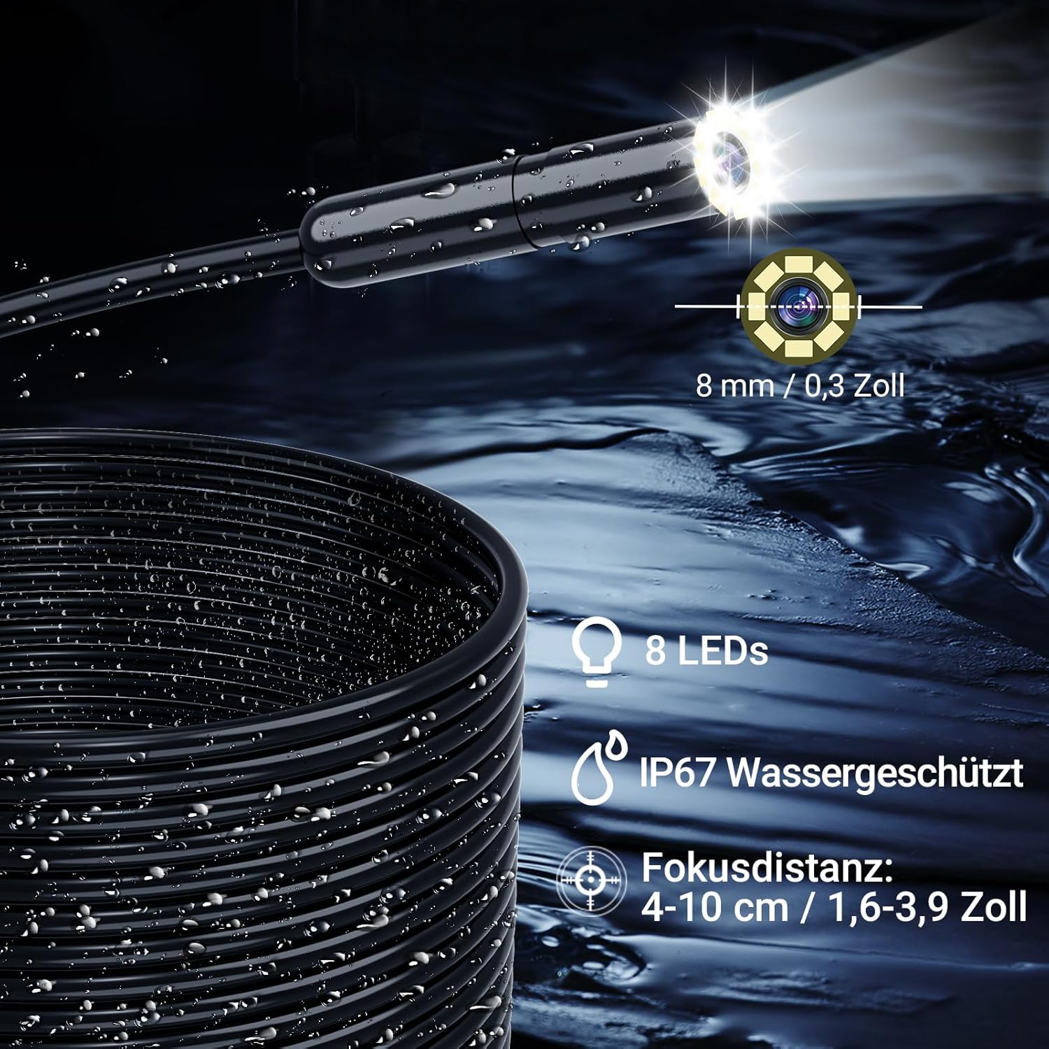 Ein schwarz, wasserabweisendes Endoskop mit 8 LEDs und IP67-Schutz.