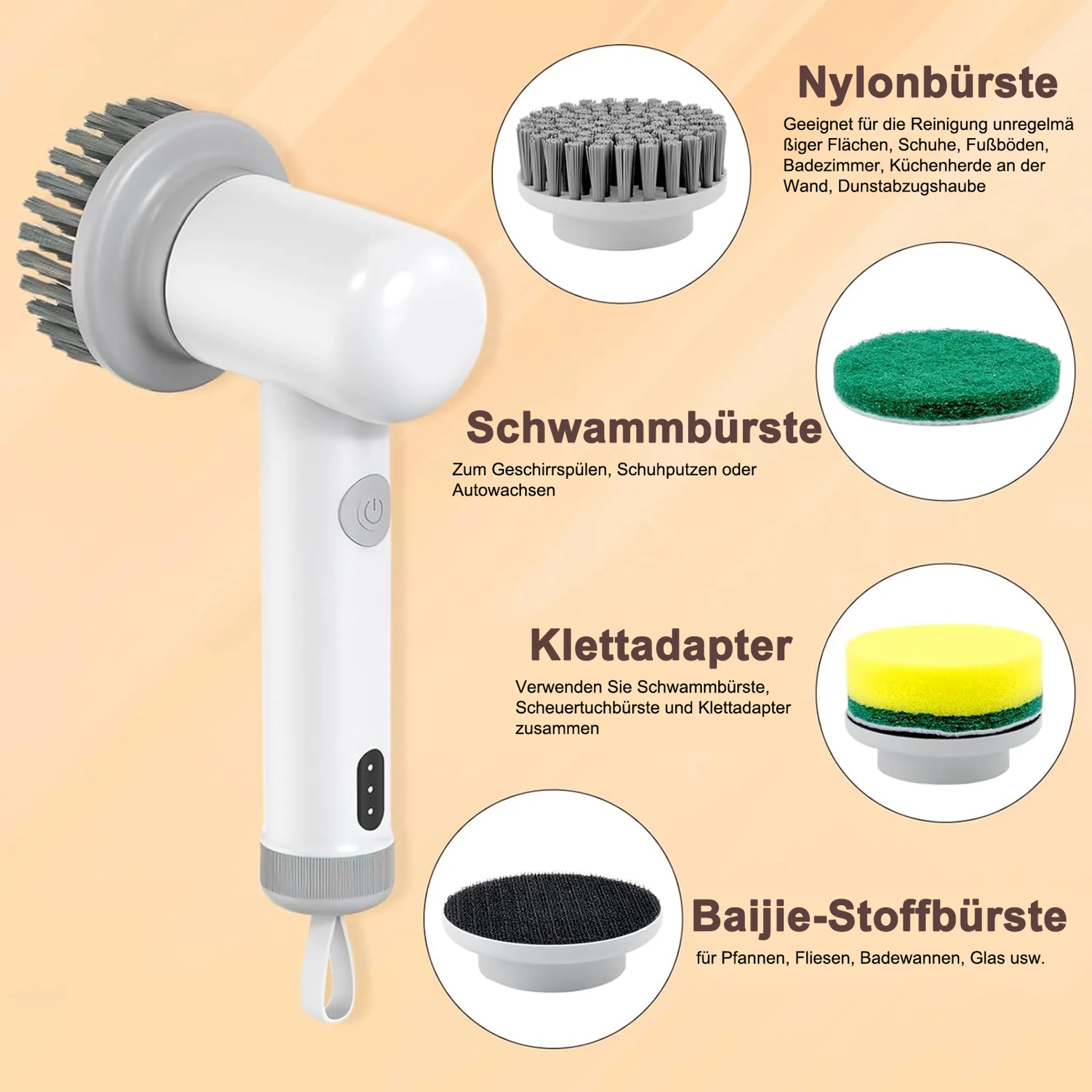 Elektrische Reinigungsbürste mit verschiedenen Aufsätzen: Nylon-, Schwamm- und Stoffbürste.