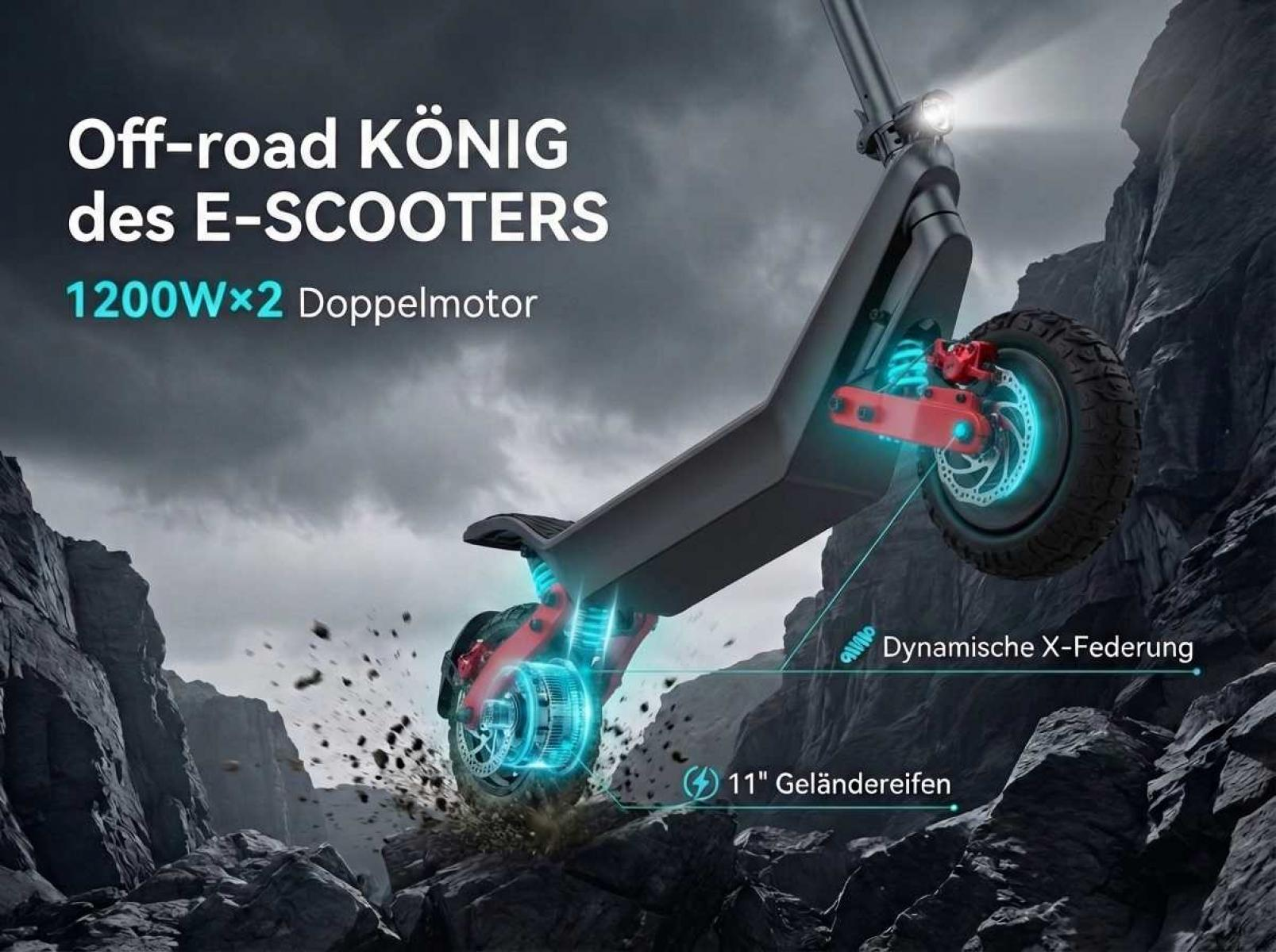 Ein schwarzer E-Scooter mit Offroad-Reifen fährt auf felsigem Gelände. Blaue Lichter beleuchten die Motoren.