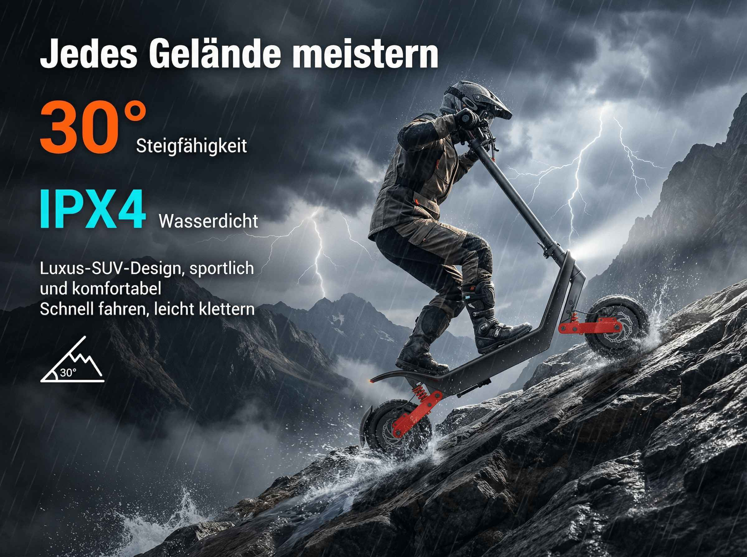 Ein Mann auf einem E-Scooter fährt bergauf bei Regen und Gewitter.