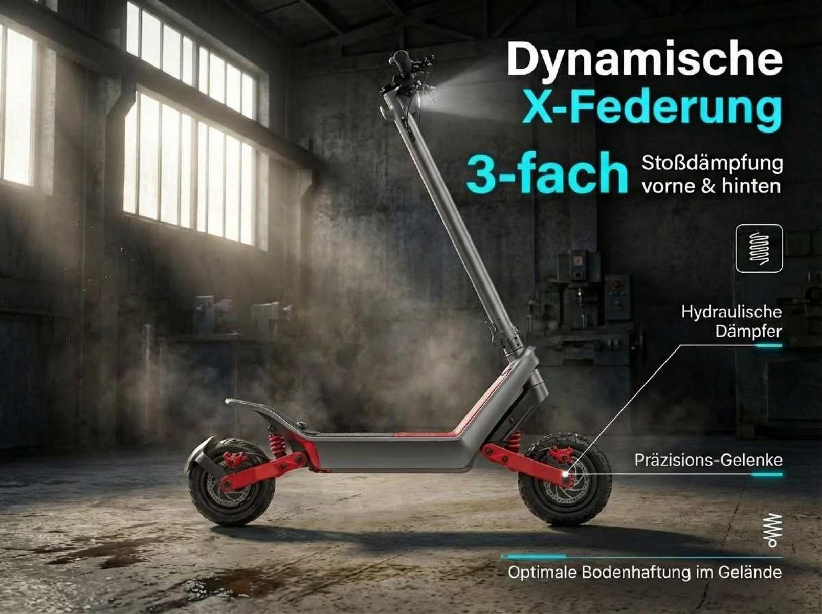 Elektroroller mit dynamischer X-Federung in einer Werkstatt.