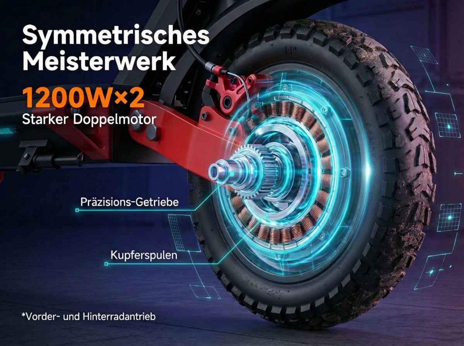 Nahaufnahme eines E-Scooter-Rads mit Motor, Getriebe und Kupferwicklungen.