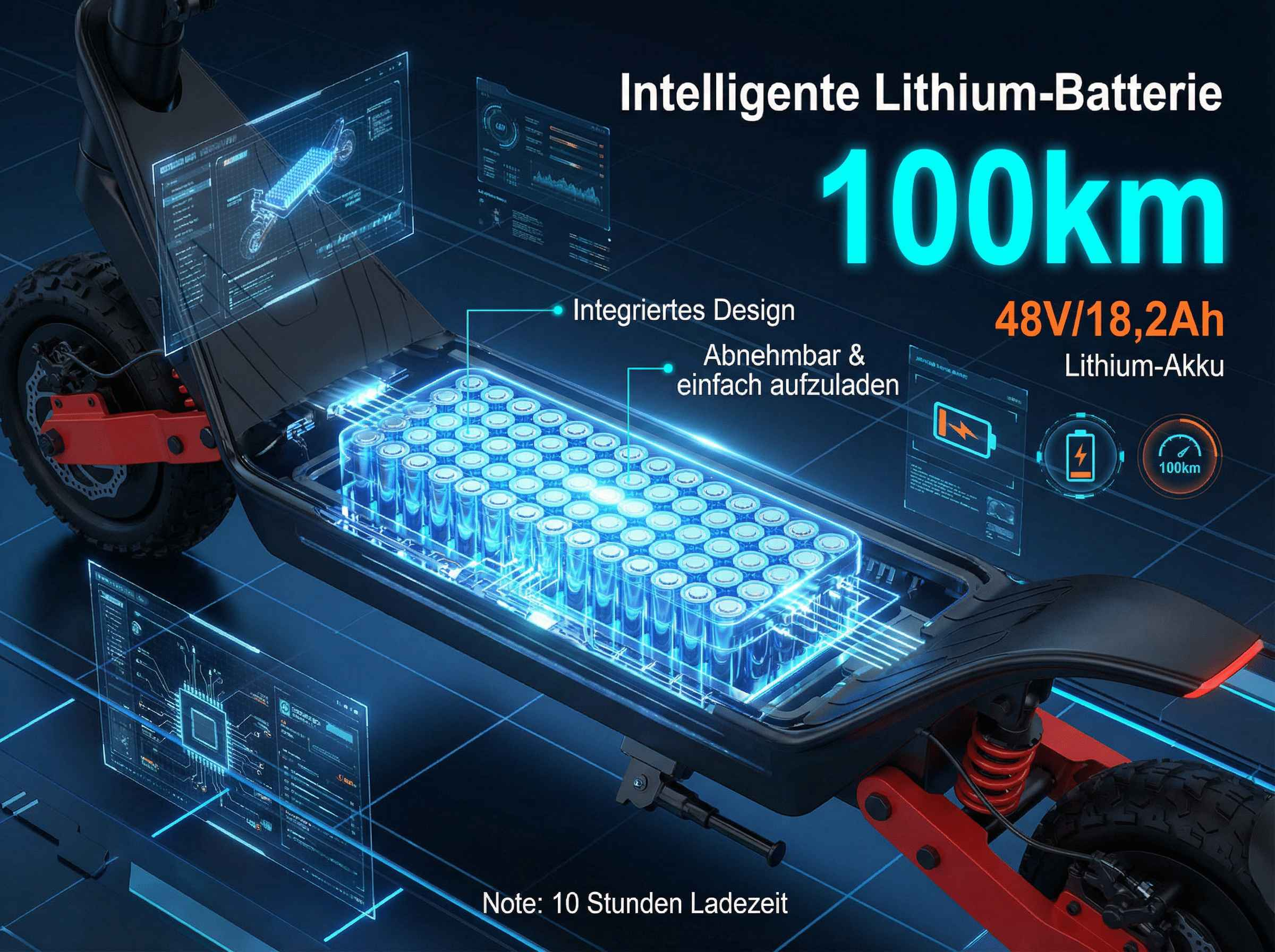Elektroroller-Batterie mit 100km Reichweite, 48V/18,2Ah, abnehmbar, lädt in 10 Std.