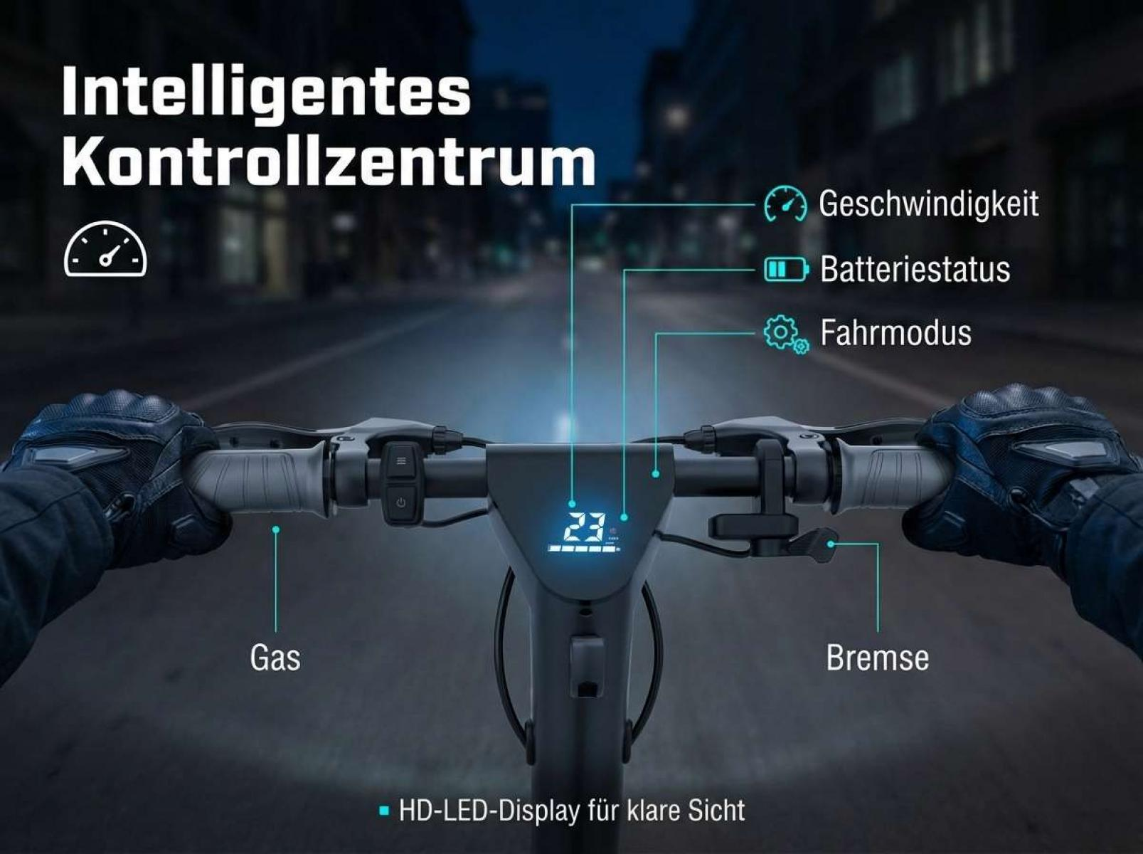 Ein E-Scooter-Lenker mit HD-LED-Display, Gas, Bremse und Steuerelementen.