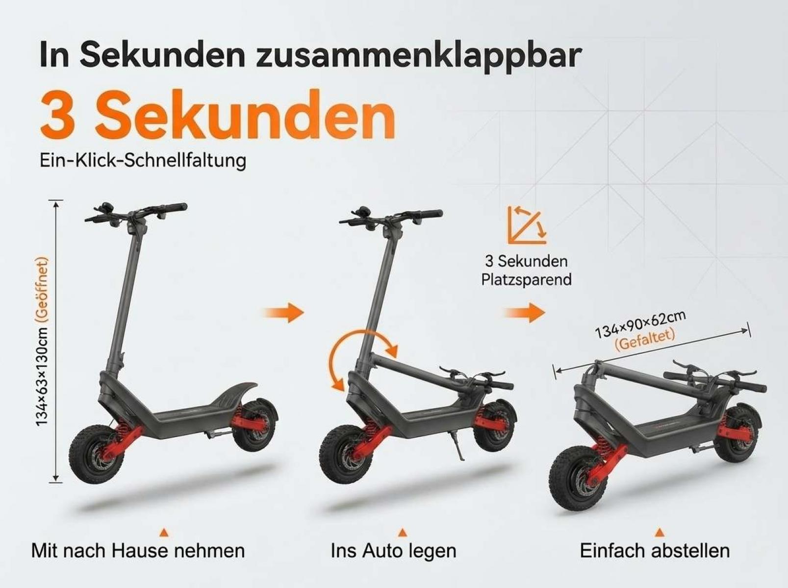 Elektroroller wird in 3 Schritten zusammengeklappt, von groß zu kompakt.