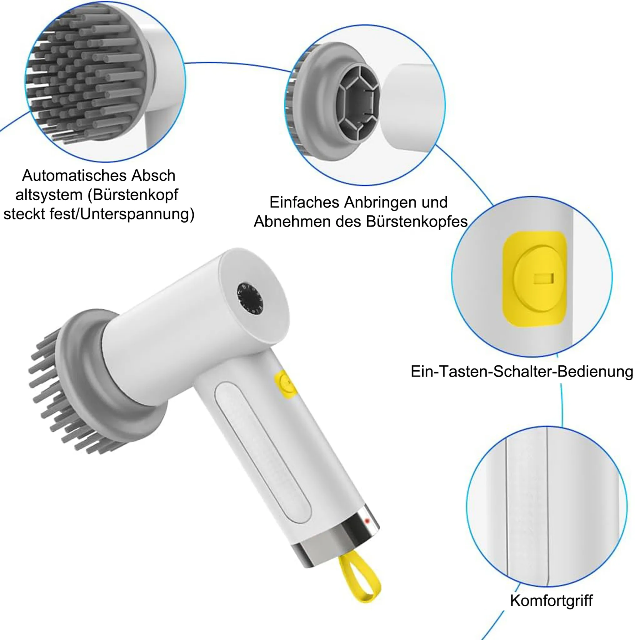 Ein weißer Reinigungsbürsten-Aufsatz mit Borsten und ein Griff mit gelbem Knopf.