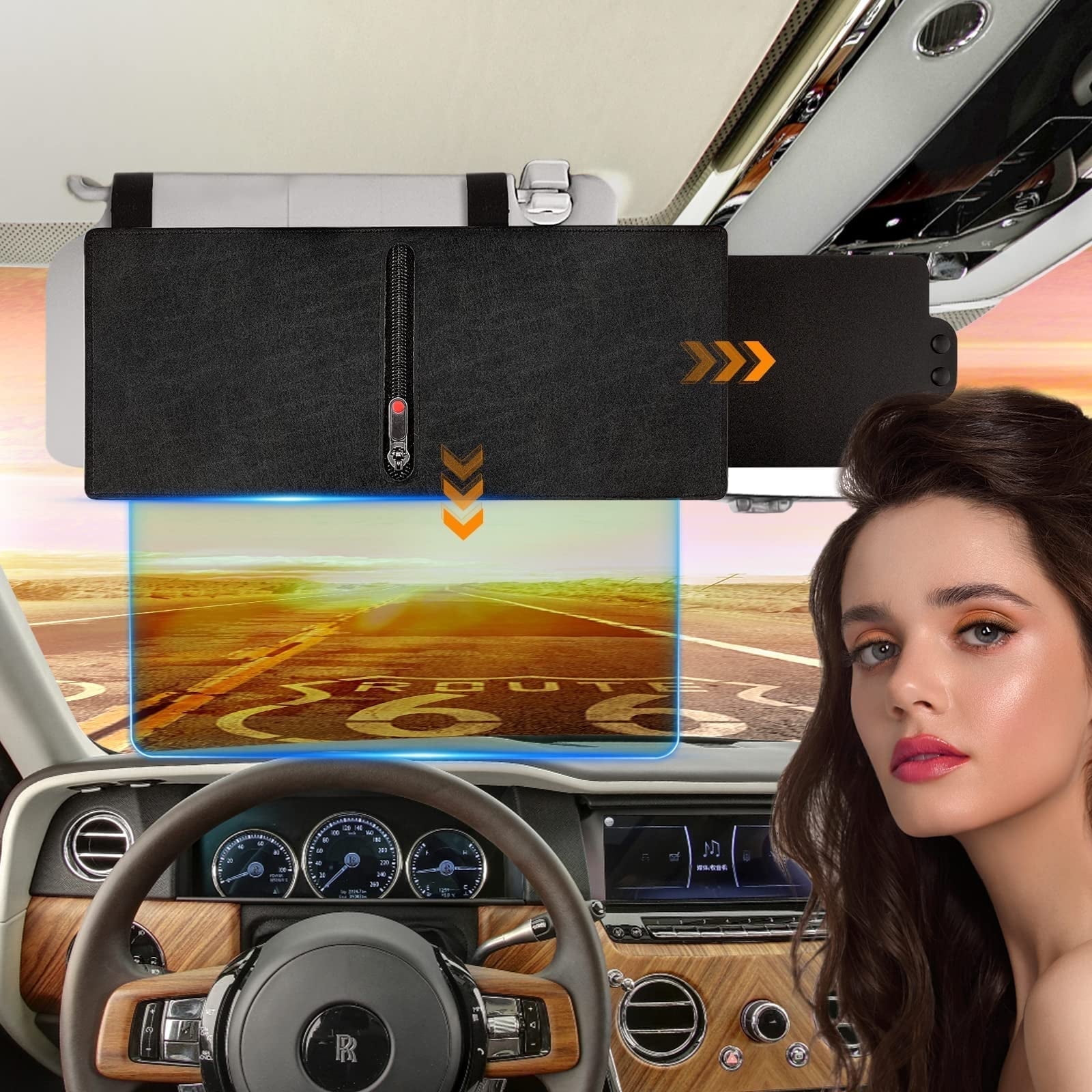 Schwarz Sonnenblende mit Reißverschluss im Auto über einem Armaturenbrett mit Frau.