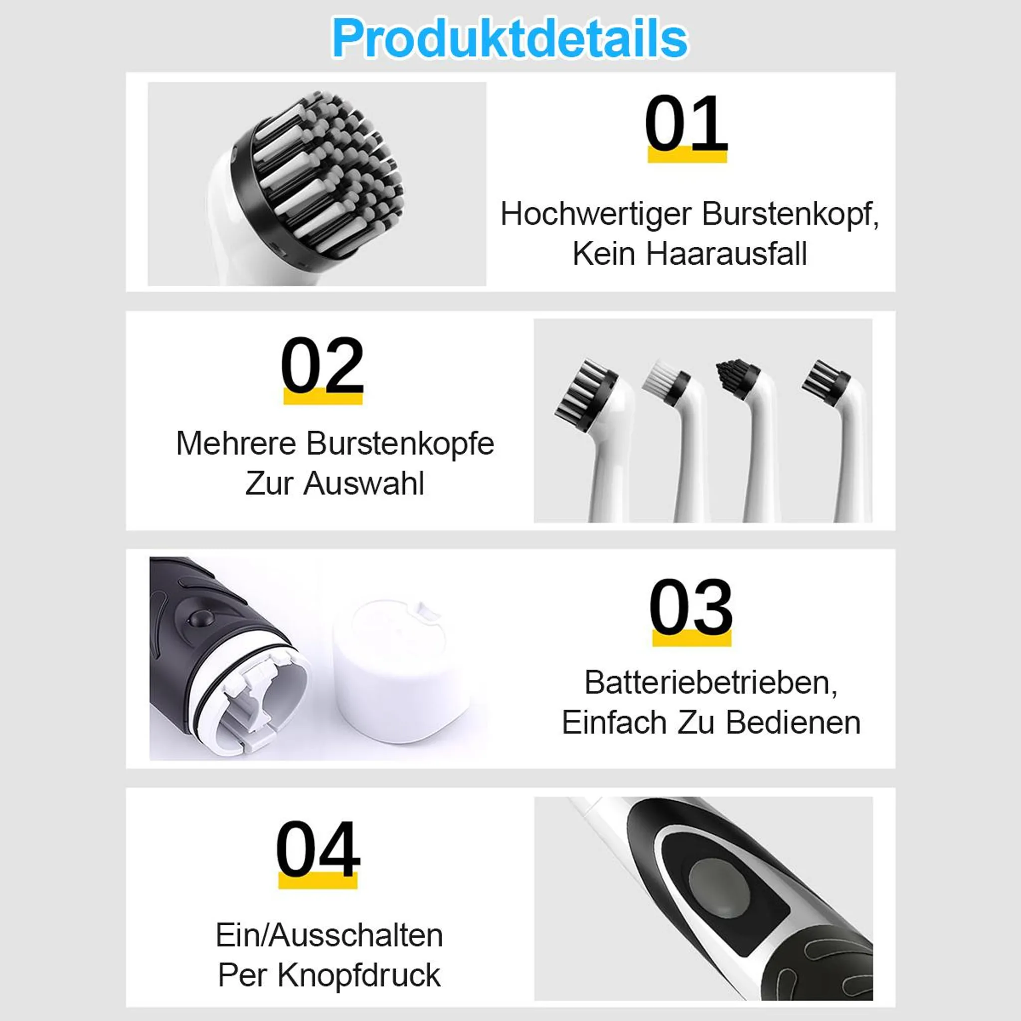 Produktübersicht: Bürstenkopf, Auswahl, Batteriebetrieb, Ein/Aus.