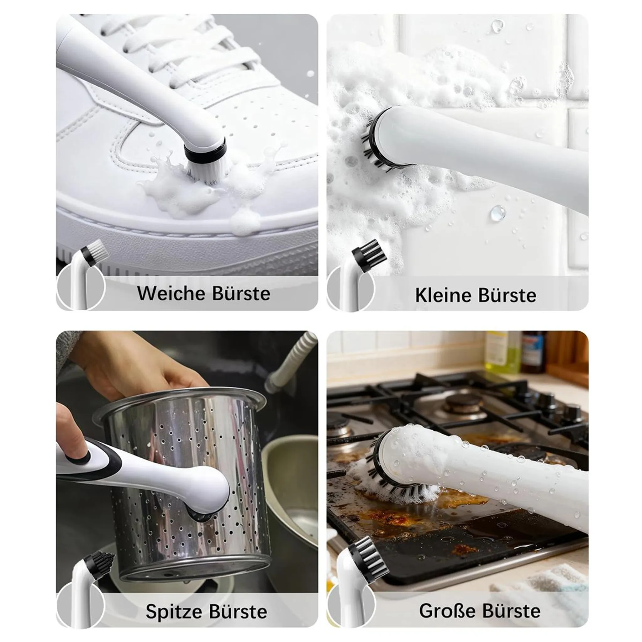 Elektrische Bürsten reinigen Schuhe, Fliesen, Kochfeld und Metalltopf.