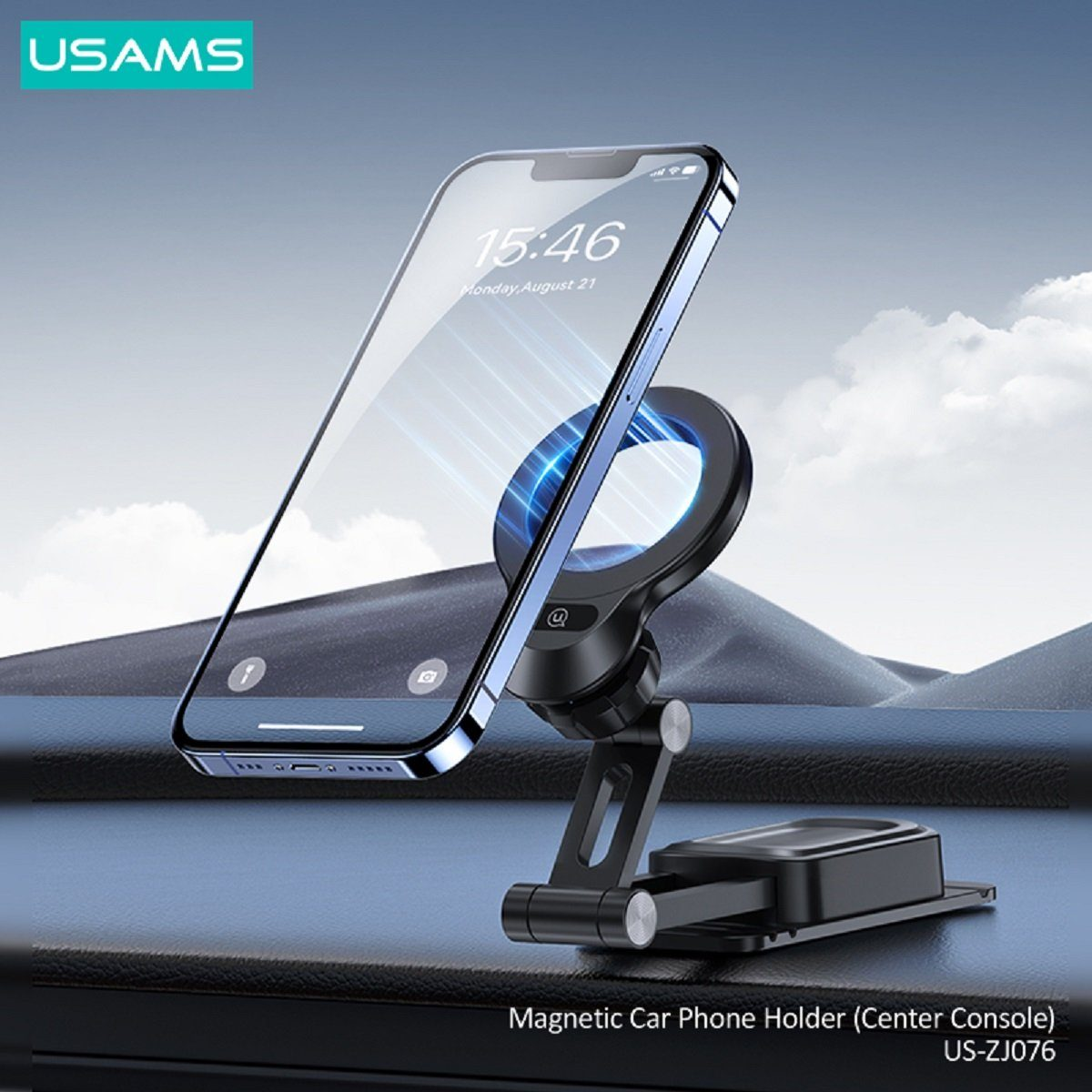 Porta telefono magnetico per auto USAMS con telefono sul cruscotto.