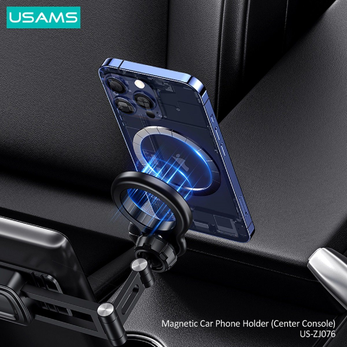 Supporto magnetico blu per telefono da auto con smartphone blu all'interno, su pelle nera.