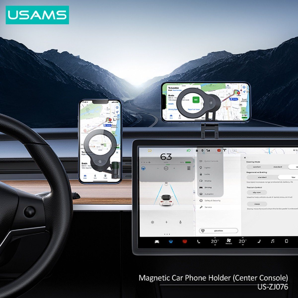 Due telefoni con app di navigazione su supporti per auto davanti al display della console.