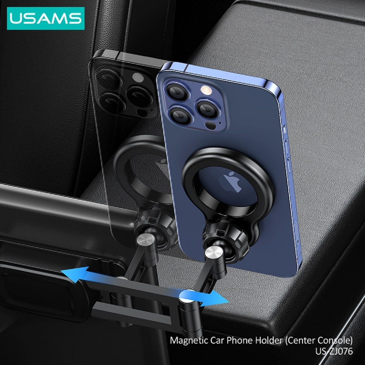 Un iPhone blu con supporto ad anello magnetico è montato sulla console centrale di un'auto.