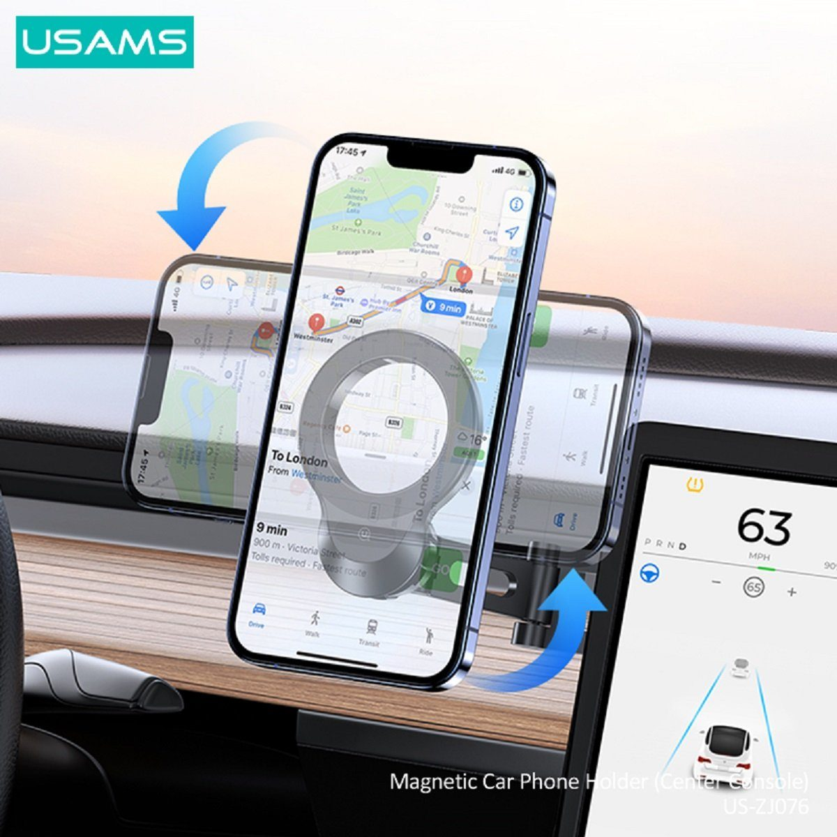 Supporto auto per telefono con navigazione. Logo USAMS in alto a sinistra.