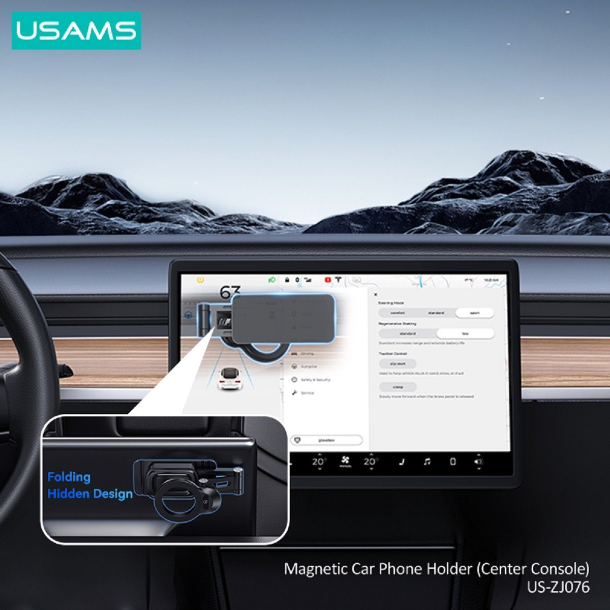 Supporto magnetico per auto USAMS sulla console centrale con design nascosto pieghevole.