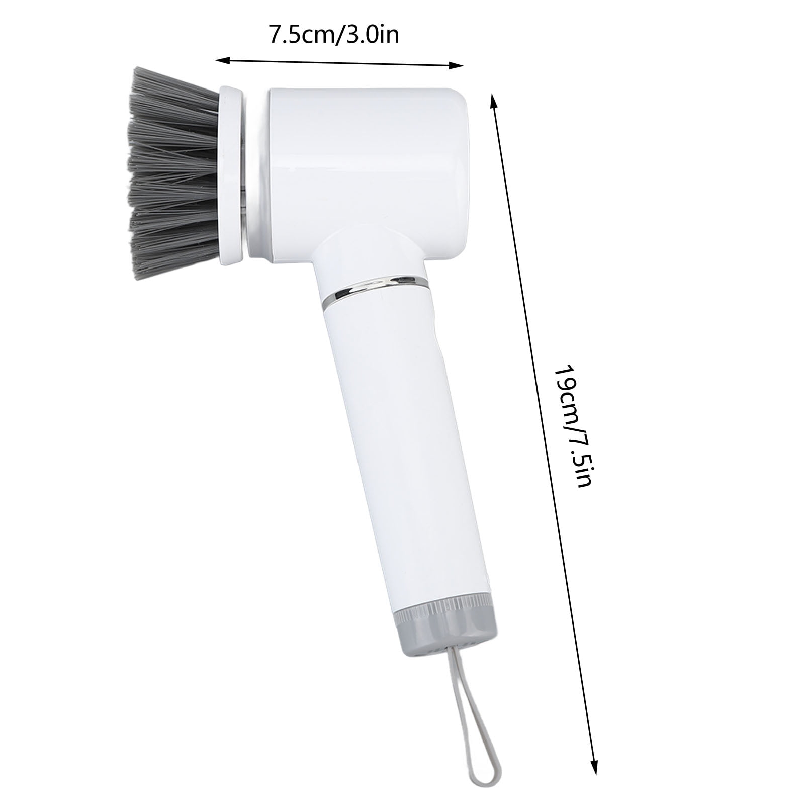 Elektrische Bürste mit grauen Borsten und weißem Griff. Maße: 7,5 cm breit, 19 cm lang.