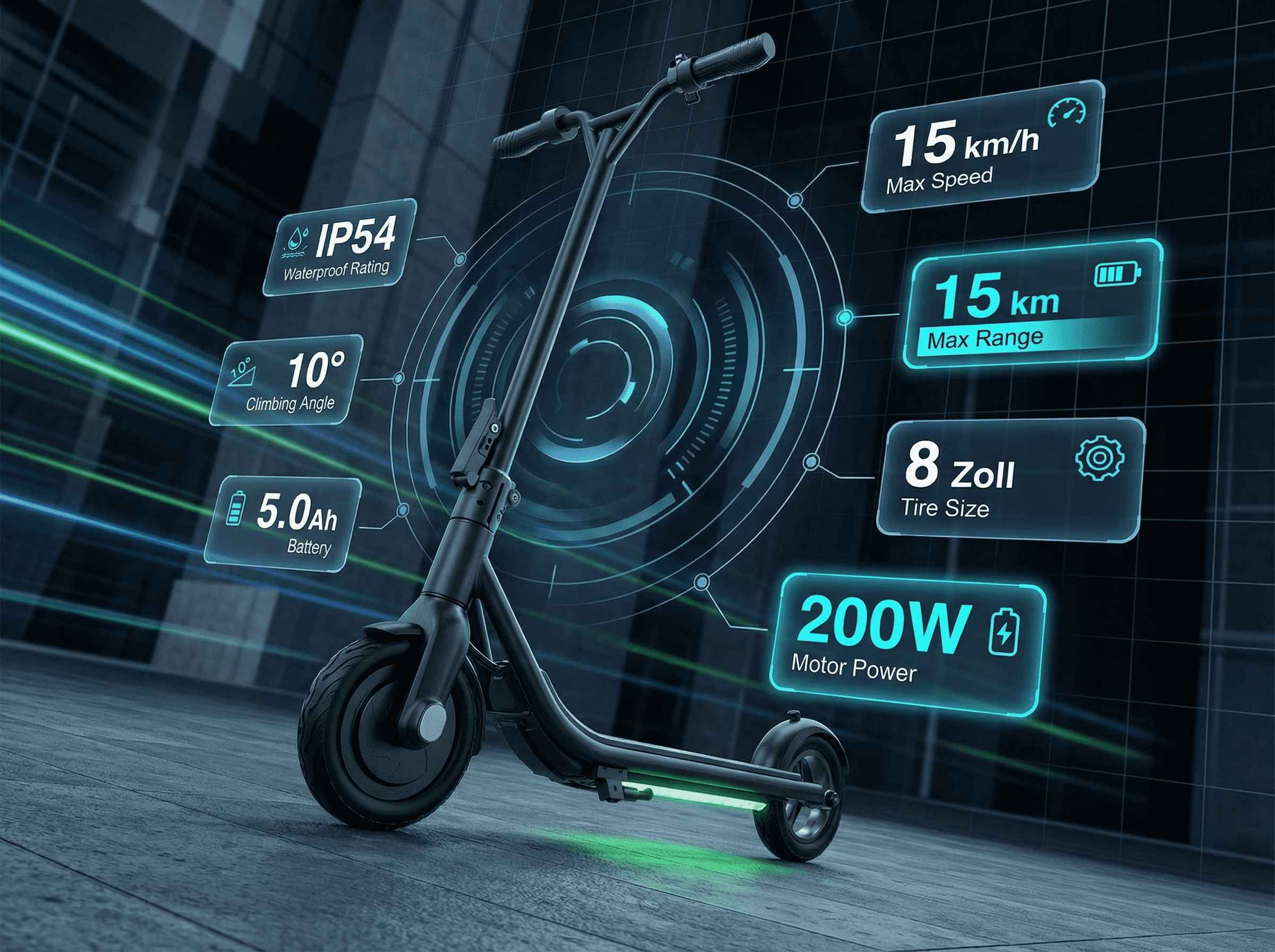 Ein schwarzer Elektroroller mit technischen Daten wie 15 km/h Höchstgeschwindigkeit, 15 km Reichweite.