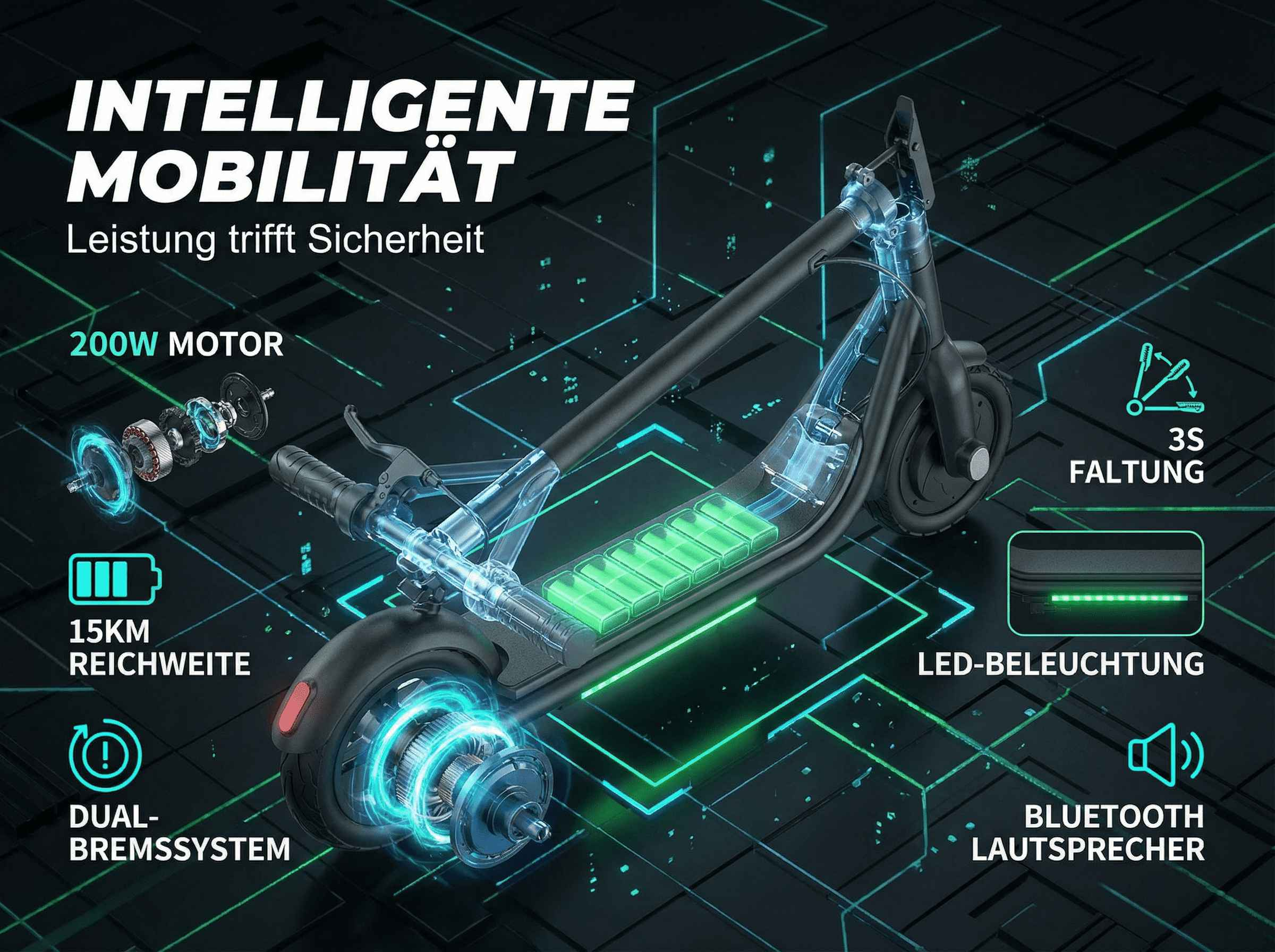 Ein E-Scooter mit 200W Motor, 15km Reichweite, Dual-Bremssystem und LED-Beleuchtung.