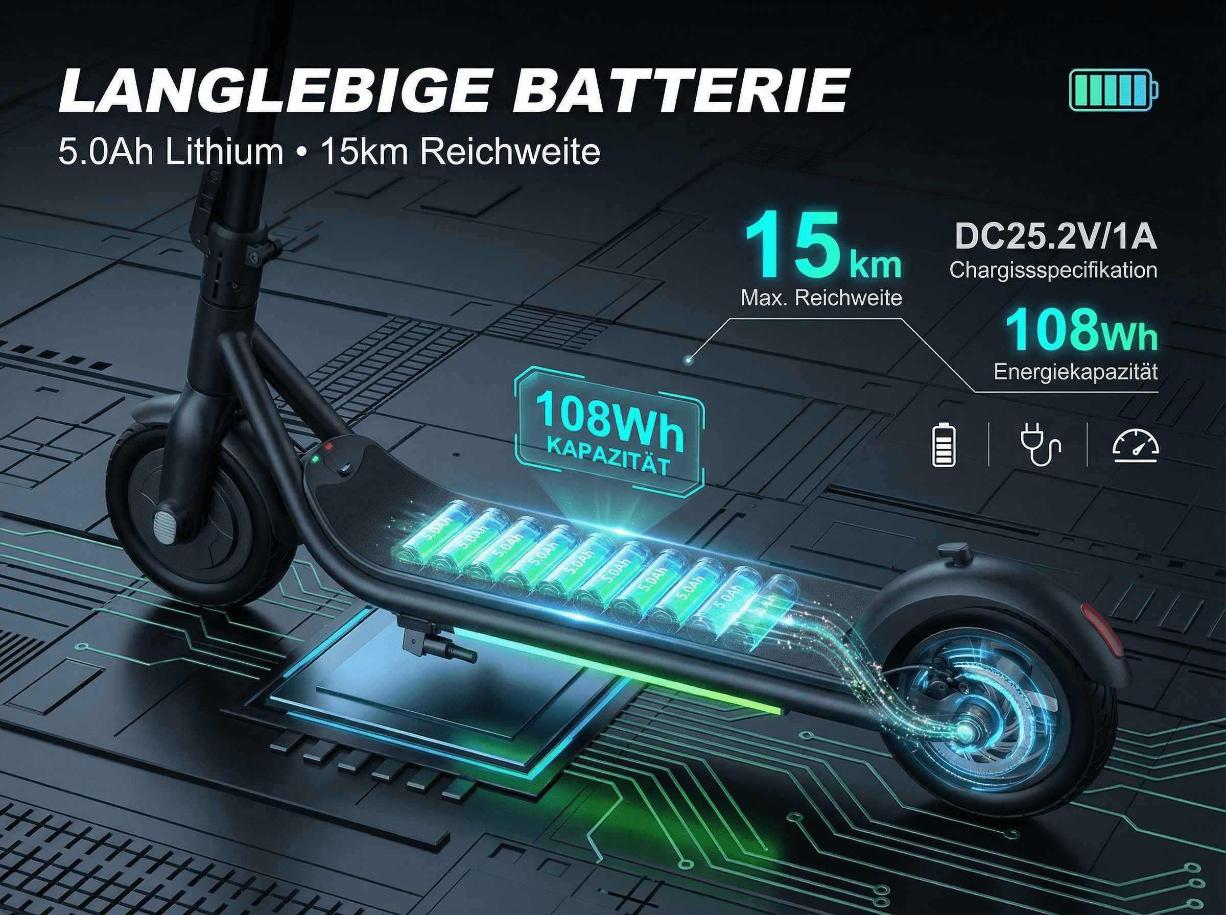 Ein schwarzer Elektroroller mit leuchtenden Batterien und technischen Grafiken.