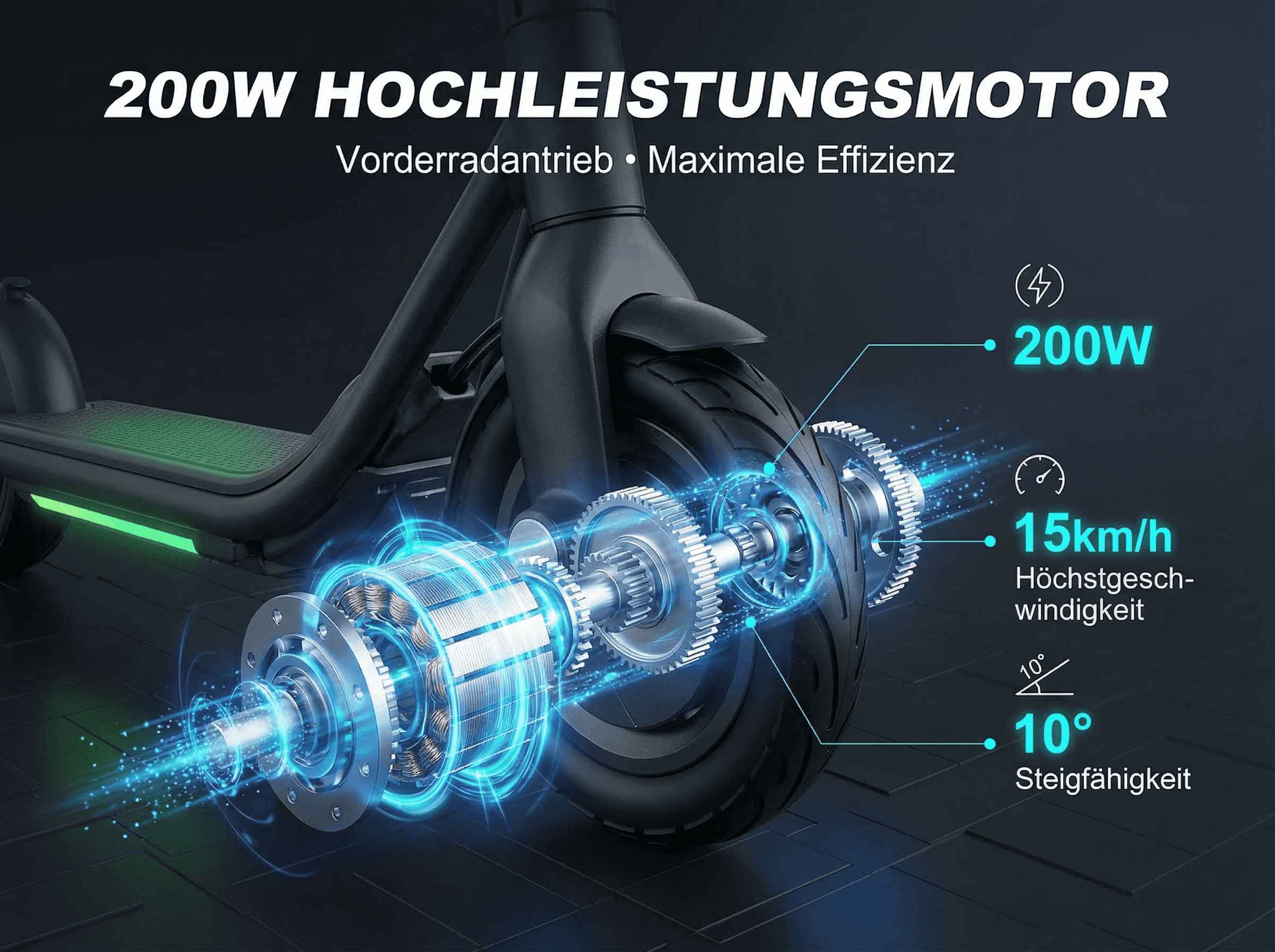 Detailansicht eines E-Scooter-Motors mit Angabe von 200W Leistung, 15 km/h und 10° Steigfähigkeit.