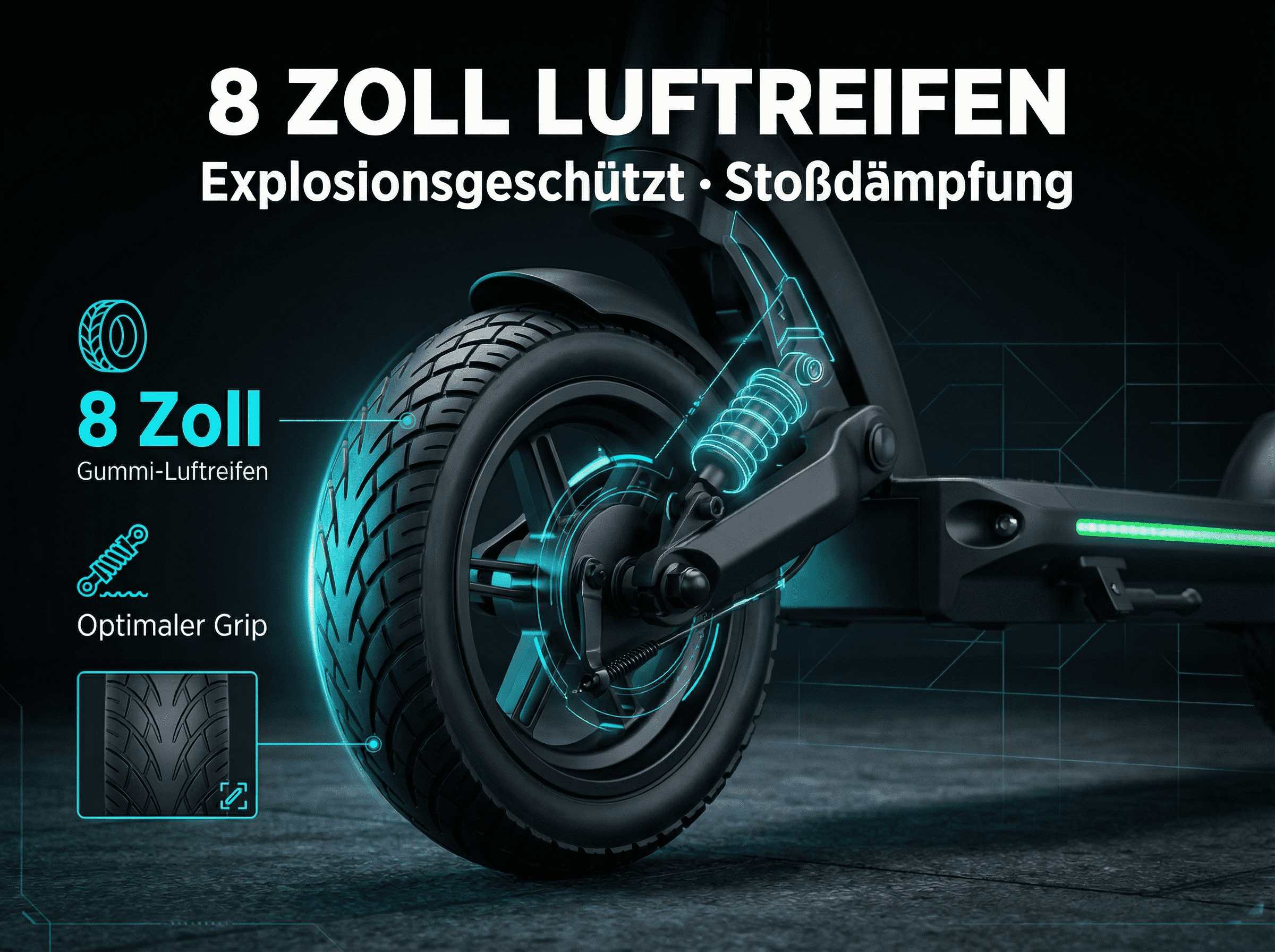 Nahaufnahme eines Elektrorollerrads mit Stoßdämpfer und Reifen.