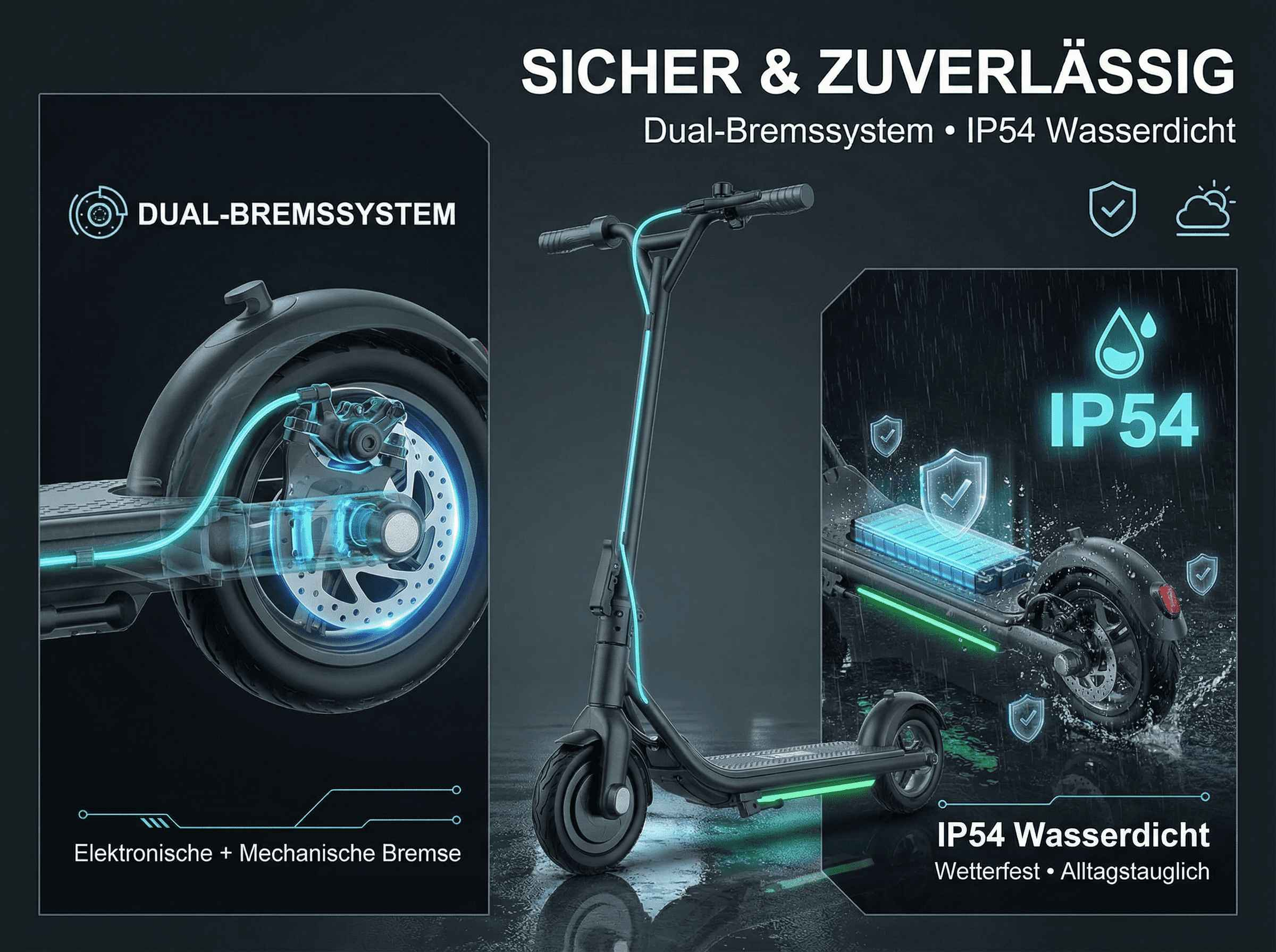E-Scooter mit Dual-Bremssystem und IP54 Wasserdichtigkeit im Regen.